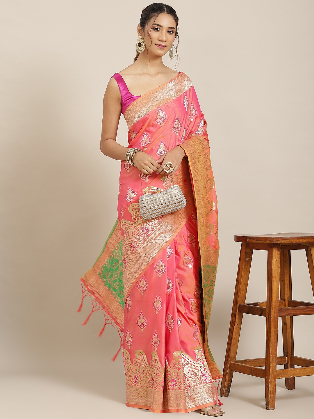 

Havida Sarees Pink Ethnic Motifs Zari Silk Blend Banarasi Saree