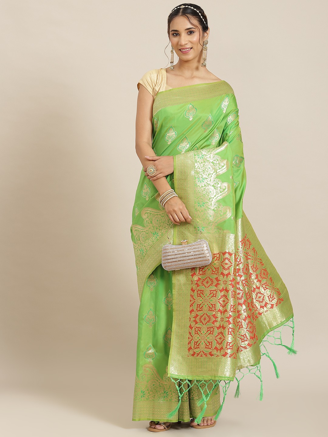 

Havida Sarees Green Ethnic Motifs Zari Silk Blend Banarasi Saree