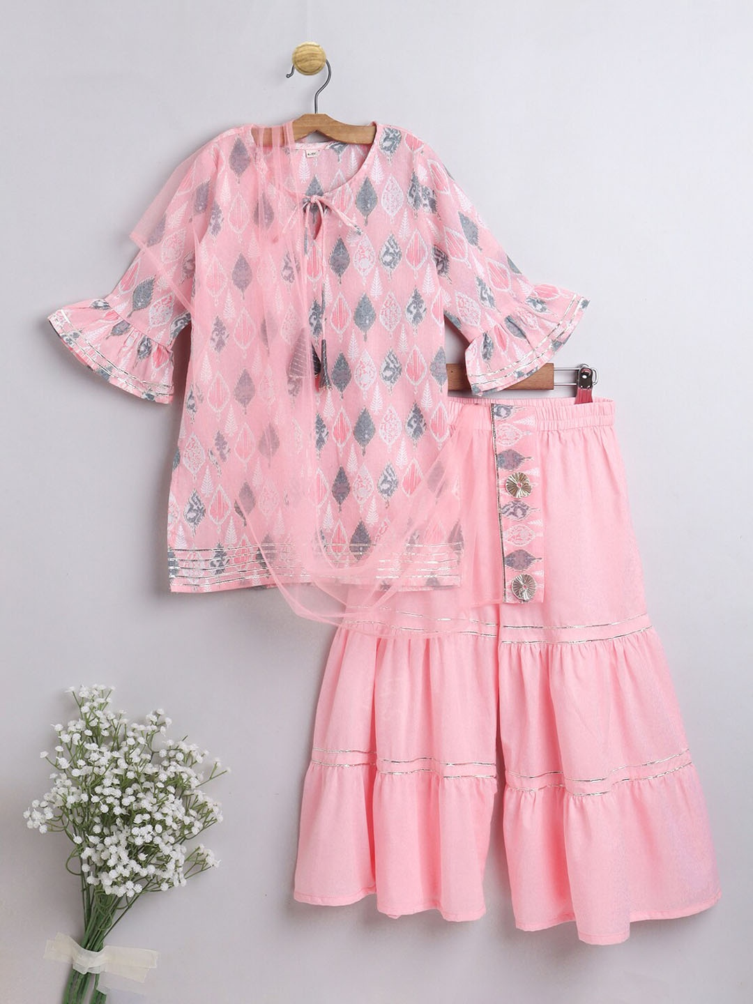 

The Magic Wand Kids-Girls Pink Gotta Patti Pure Cotton Kurta with Tiered Sharara
