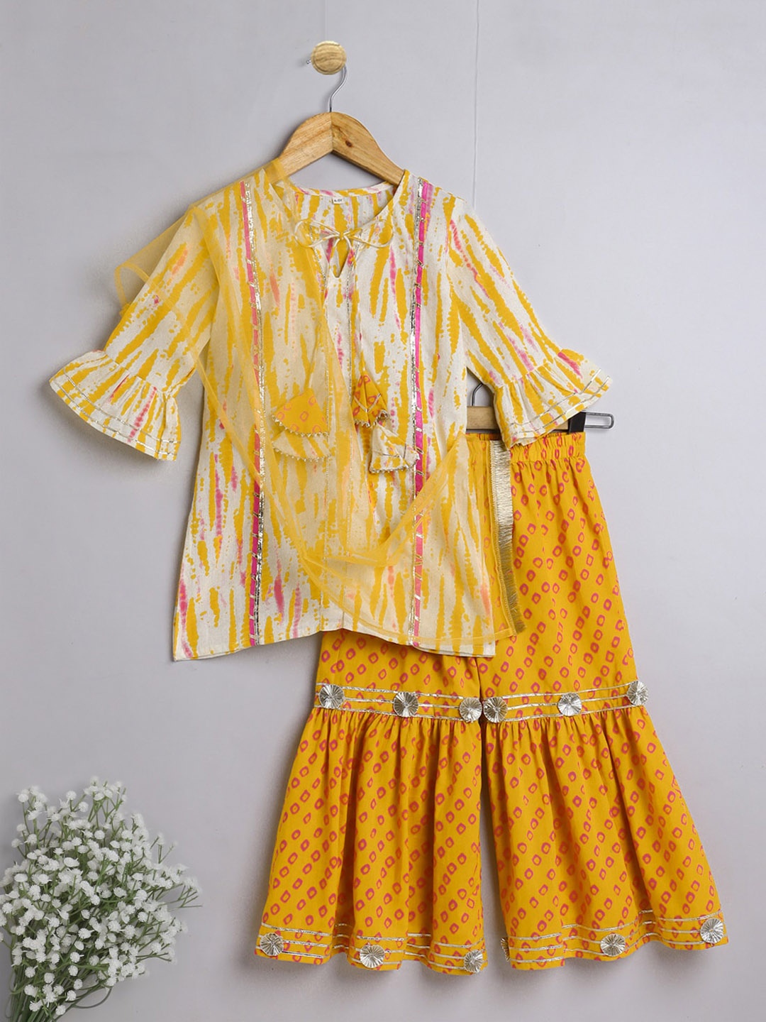 

The Magic Wand Girls Mustard Yellow Gotta Patti Pure Cotton Kurta with Sharara & Dupatta