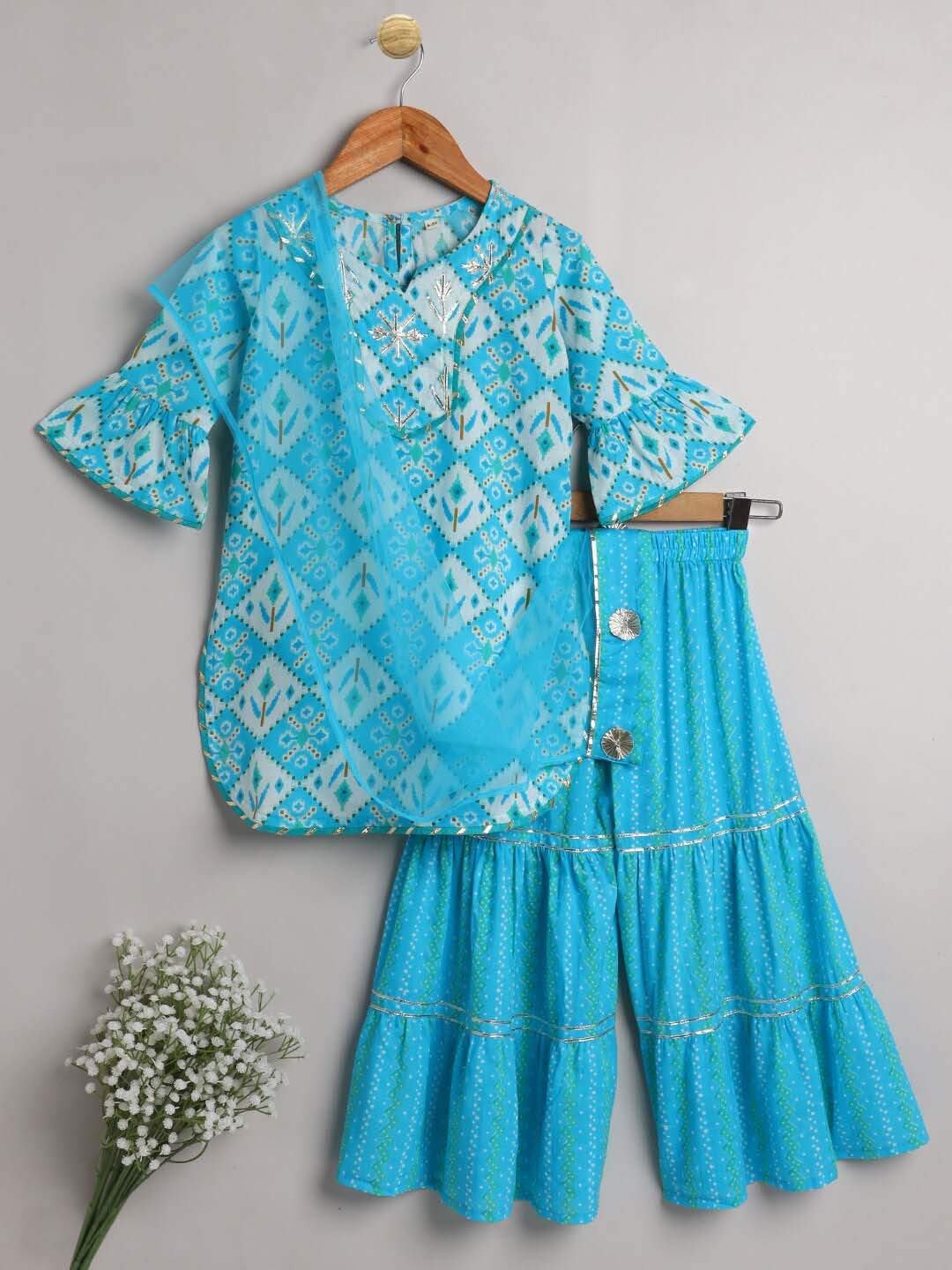 

The Magic Wand Girls Blue & White Printed Gotta Patti Pure Cotton Kurti & Sharara
