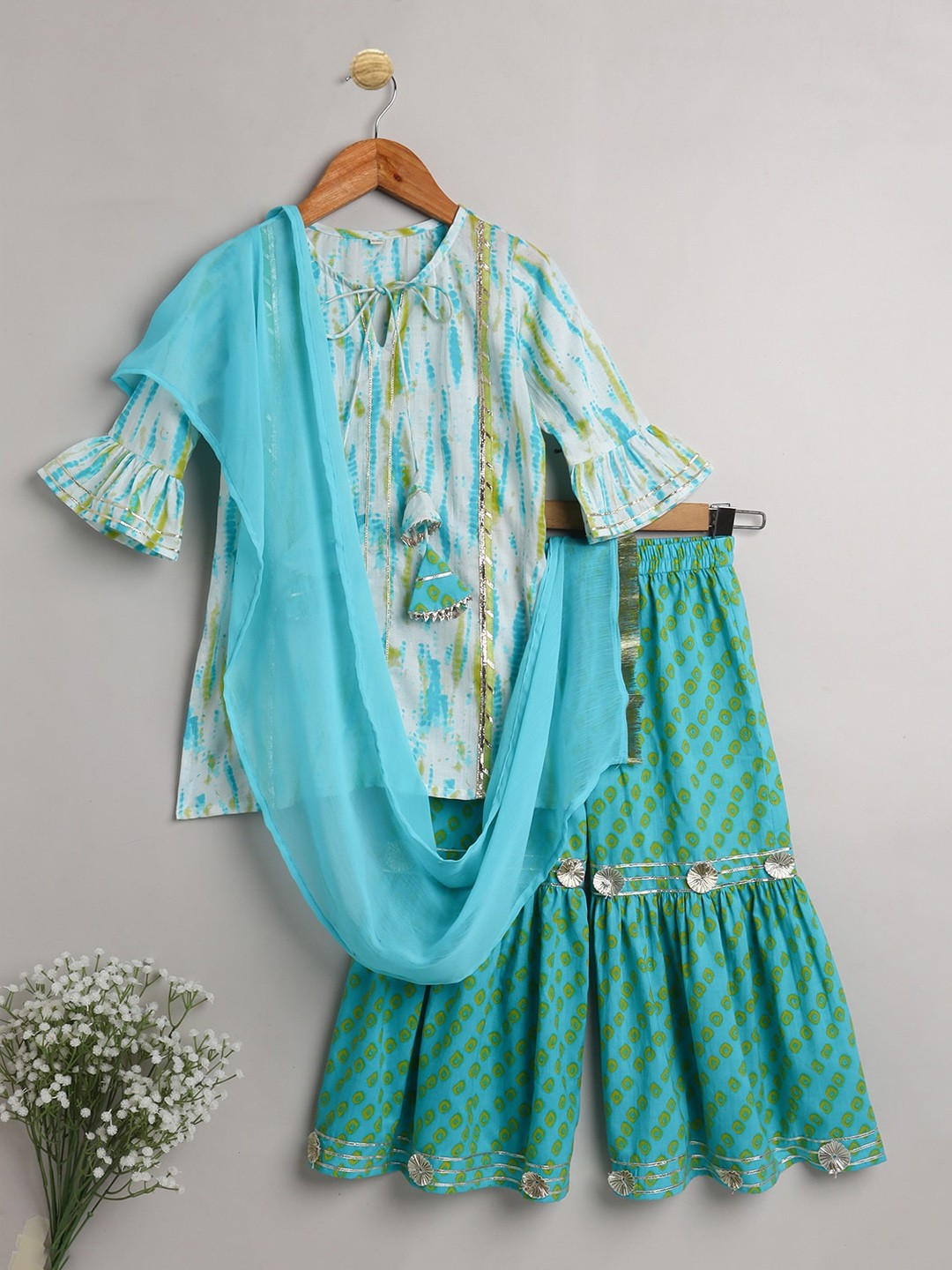 

The Magic Wand Girls Blue Printed Gotta Patti Pure Cotton Kurta with Sharara & With Dupatta