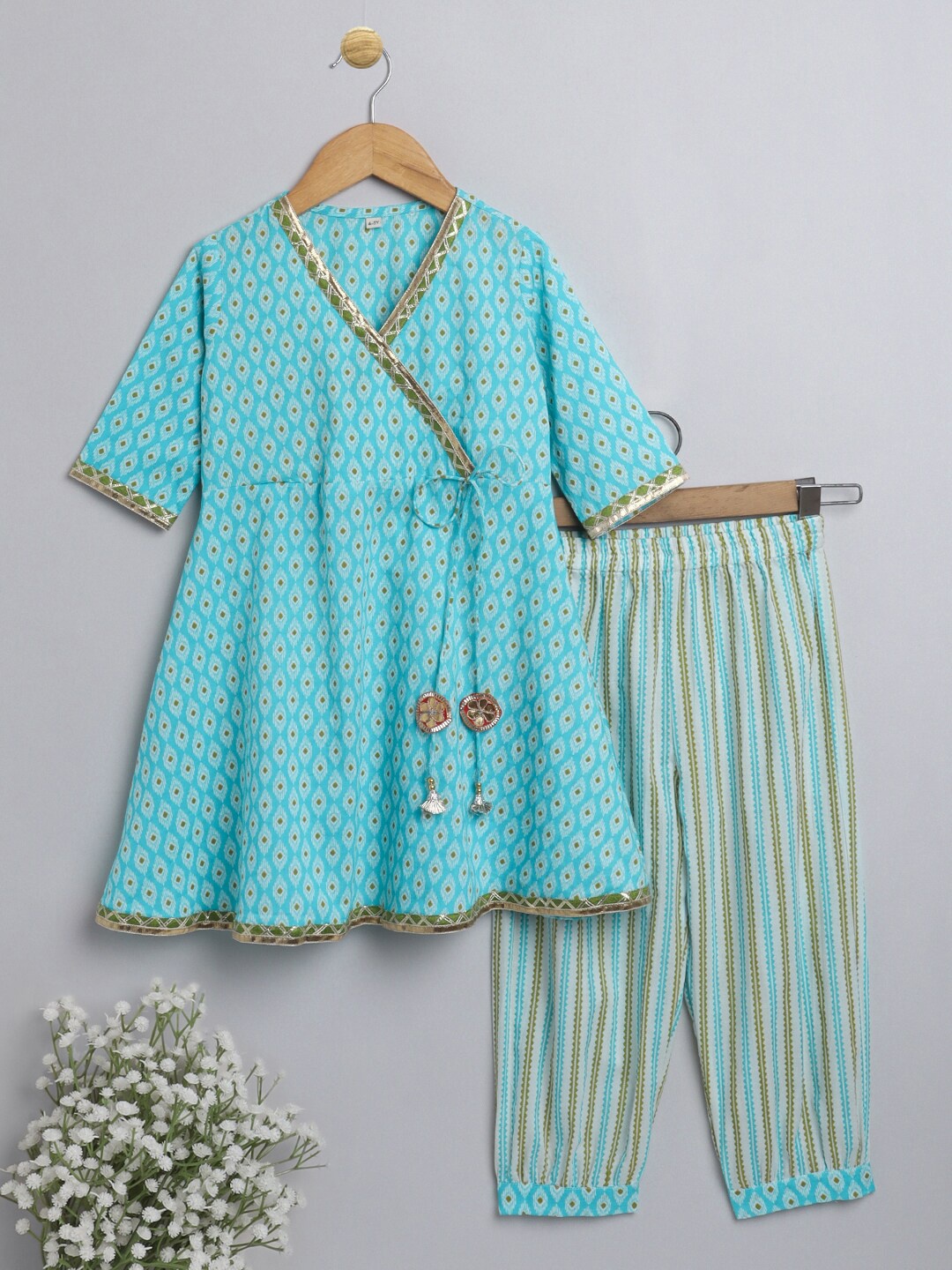 

The Magic Wand Girls Blue Printed Angrakha Gotta Patti Pure Cotton Kurta with Palazzos