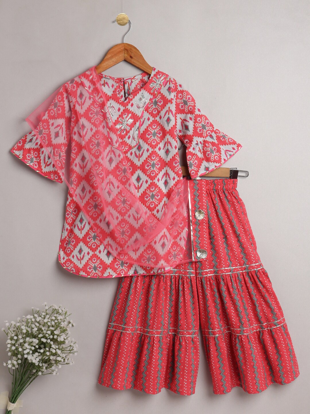 

The Magic Wand Girls Peach-Coloured Printed Gotta Patti Pure Cotton Kurta with Sharara & With Dupatta