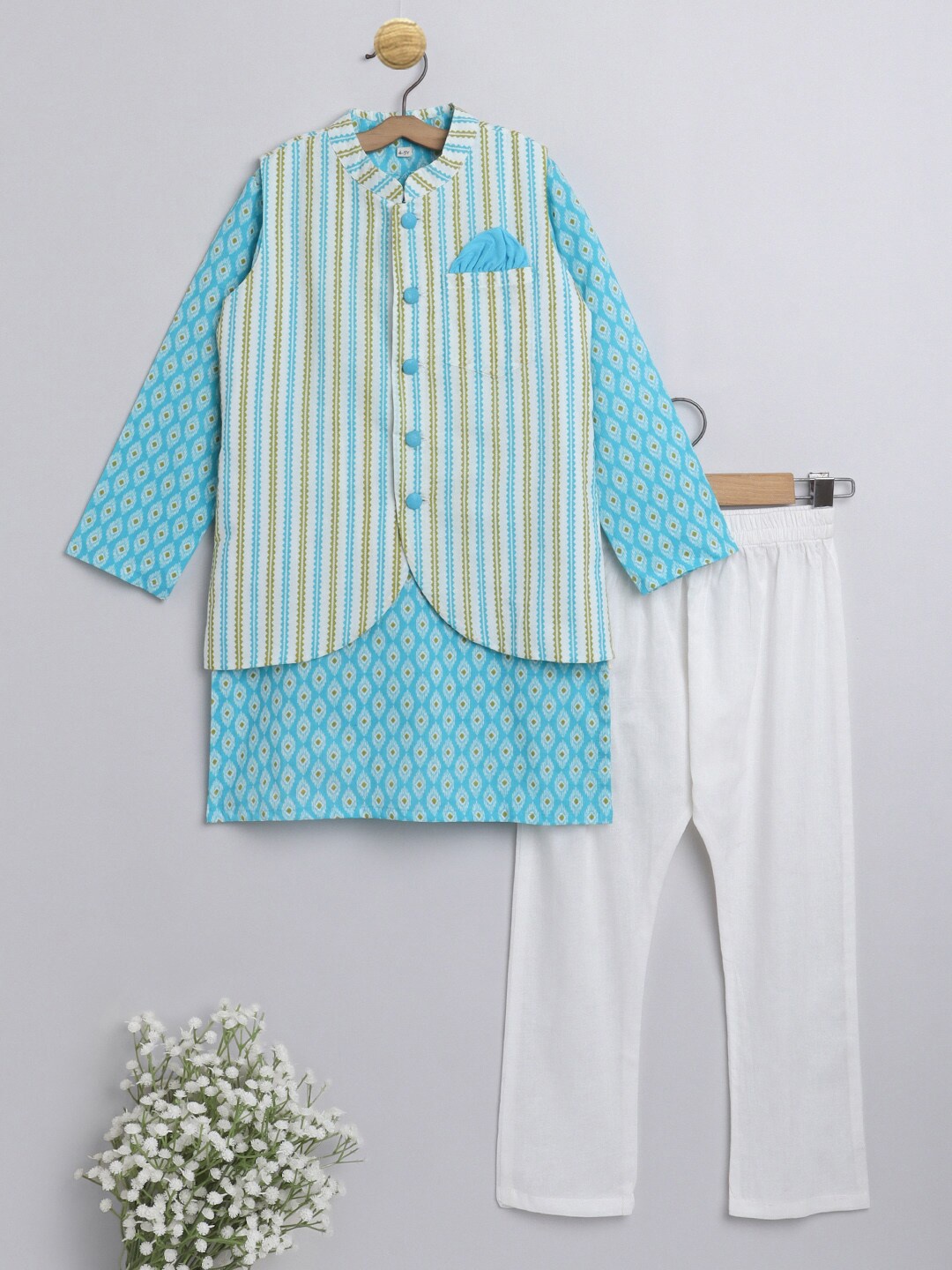 

The Magic Wand Boys Blue Striped Pure Cotton Kurta with Palazzos And Nehru Jacket