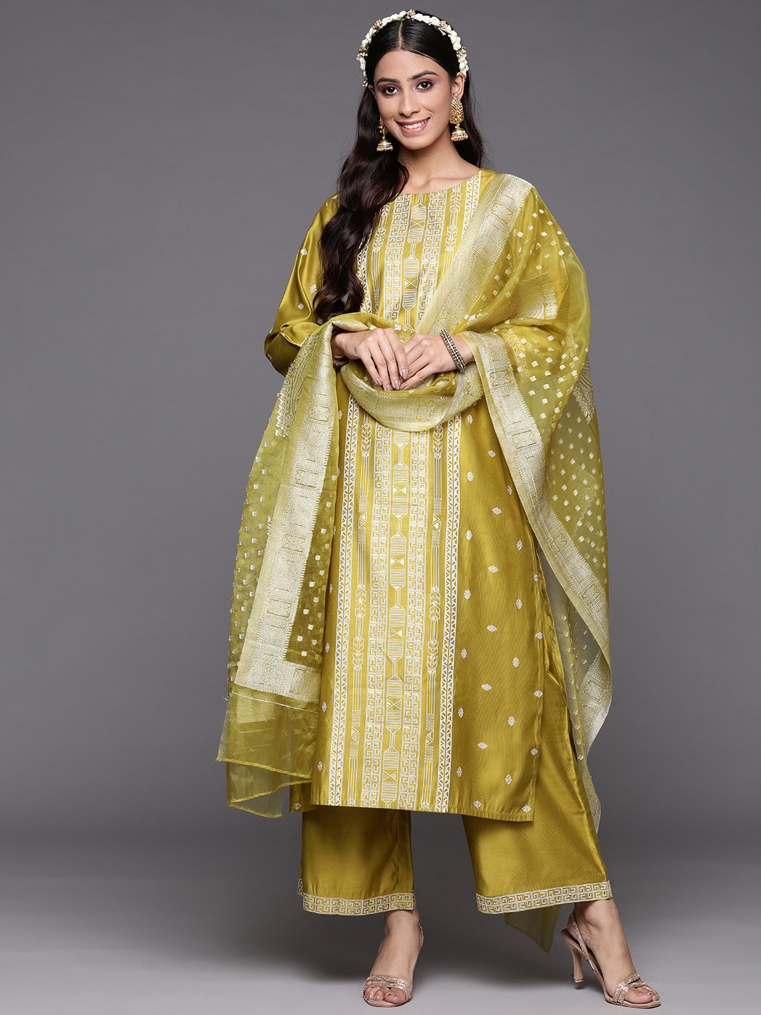 

Indo Era Women Olive Green Floral Printed Liva Kurta with Trousers & With Dupatta