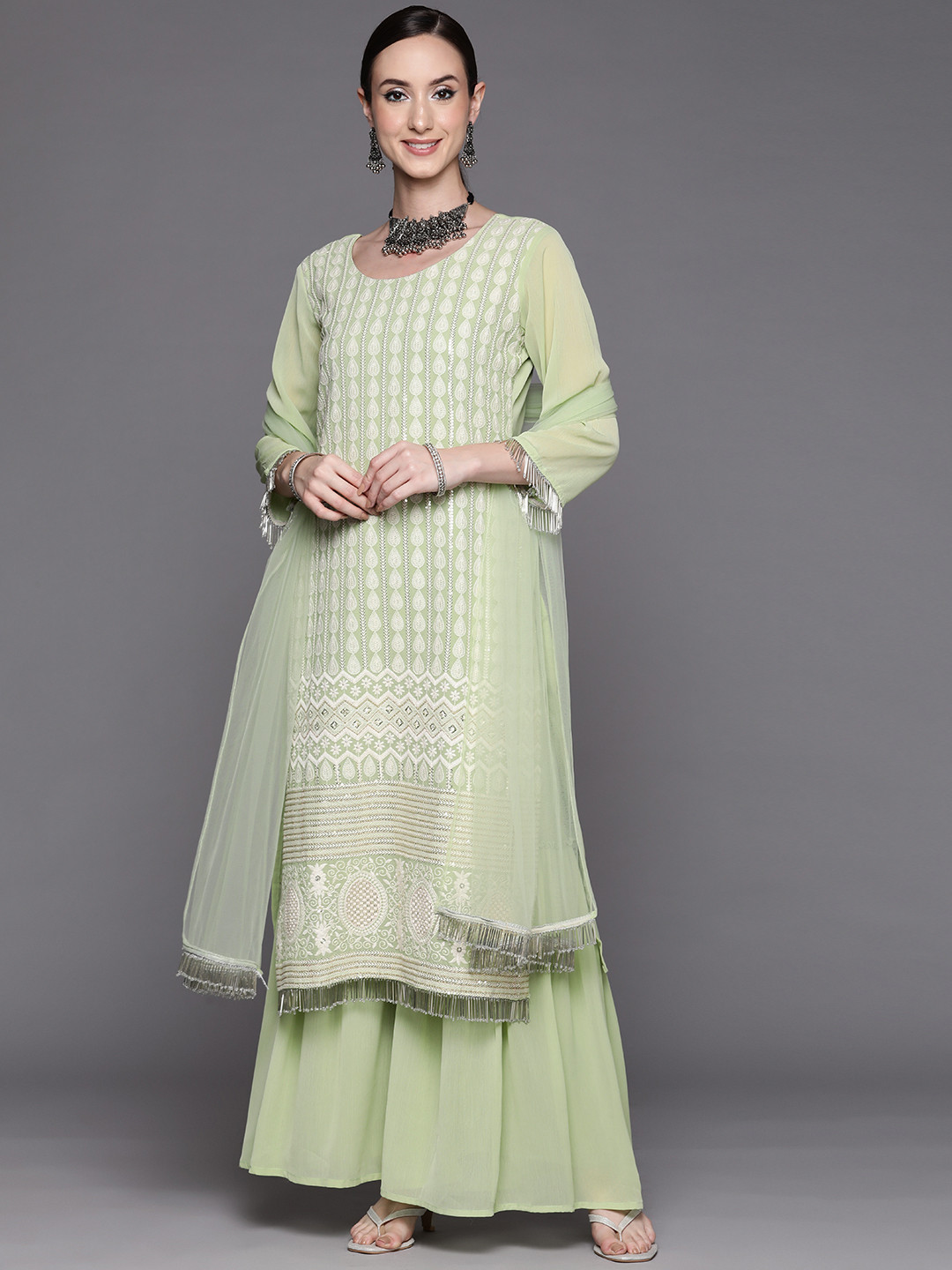 

Indo Era Women Sea Green Floral Embroidered Thread Work Kurta with Sharara & With Dupatta