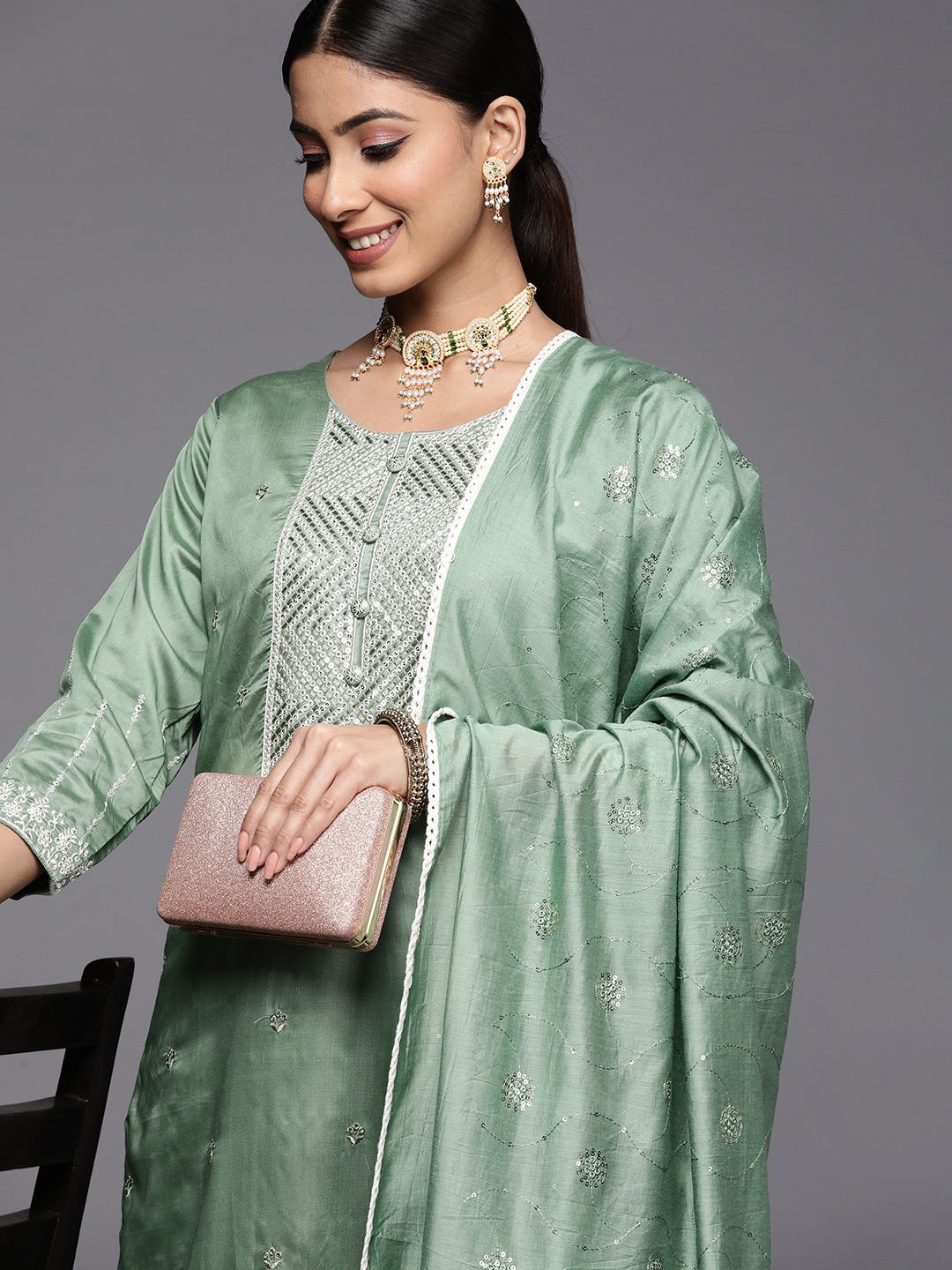

Indo Era Women Green Yoke Design Sequinned Chanderi Silk Kurta with Trousers & With Dupatta