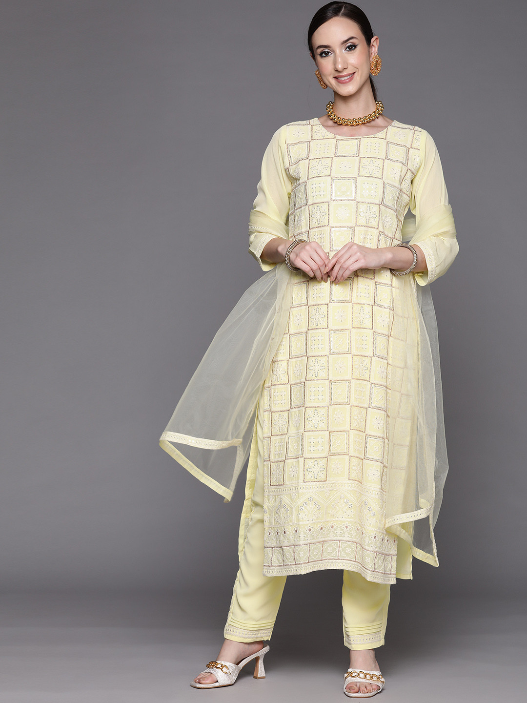 

Indo Era Women Yellow Floral Embroidered Thread Work Kurta with Trousers & With Dupatta