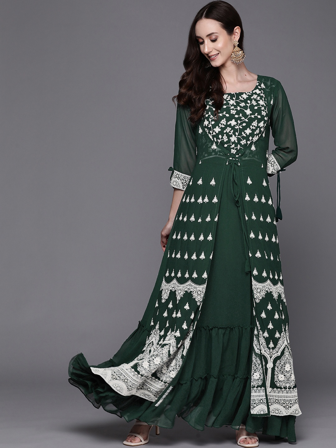 

Indo Era Green Floral Embroidered Georgette Ethnic A-Line Maxi Dress