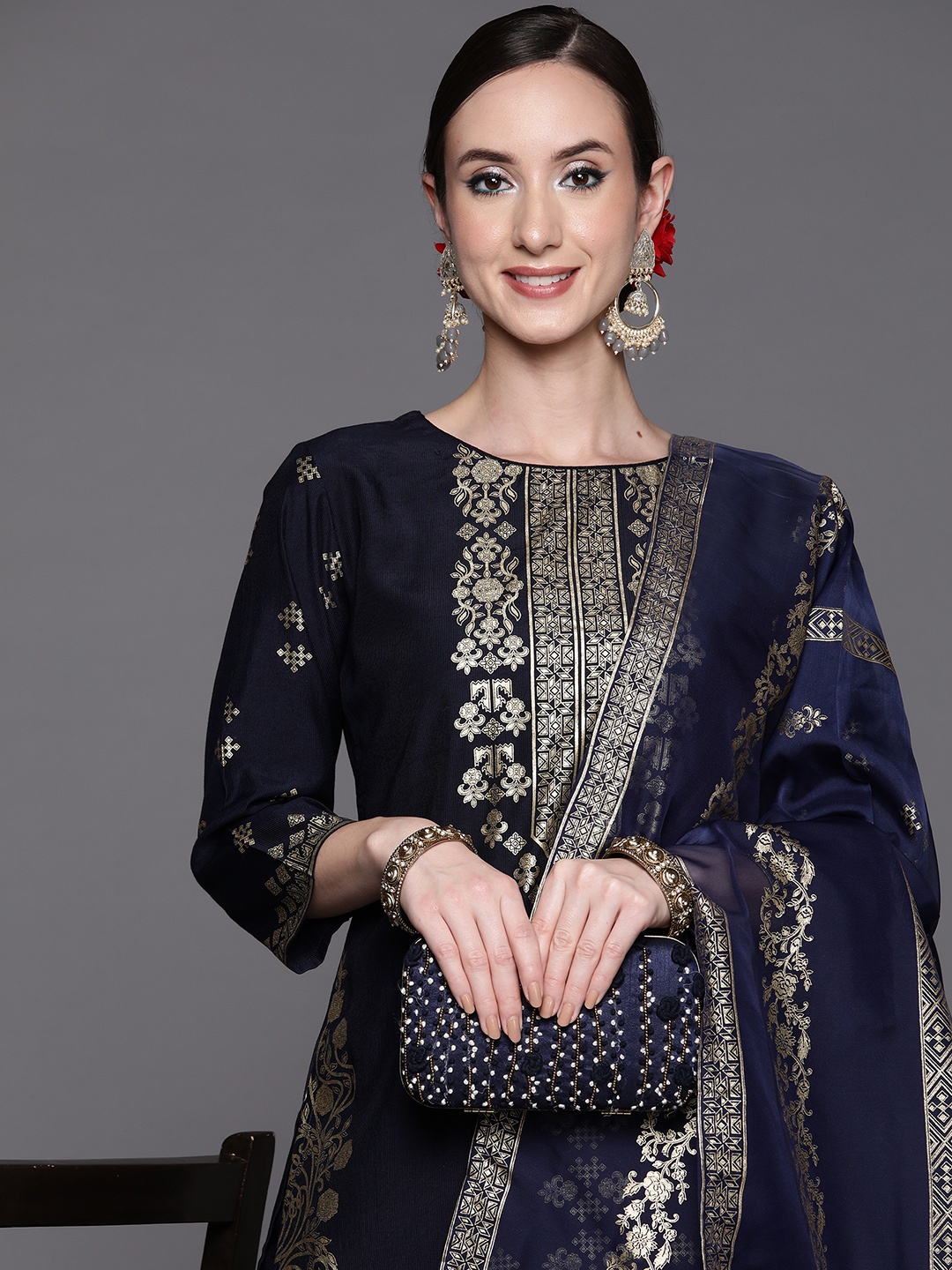 

Indo Era Women Navy Blue Floral Printed Liva Kurta with Trousers & With Dupatta