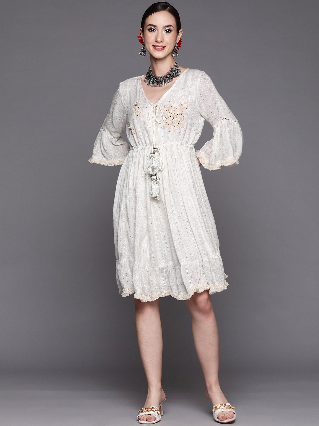 

Indo Era Off White Floral Embroidered A-Line Dress