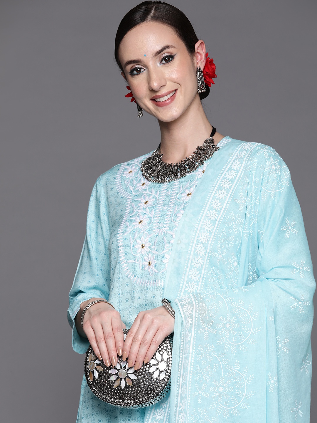 

Indo Era Women Turquoise Blue Floral Embroidered Mirror Work Chanderi Silk Kurta with Trousers & With