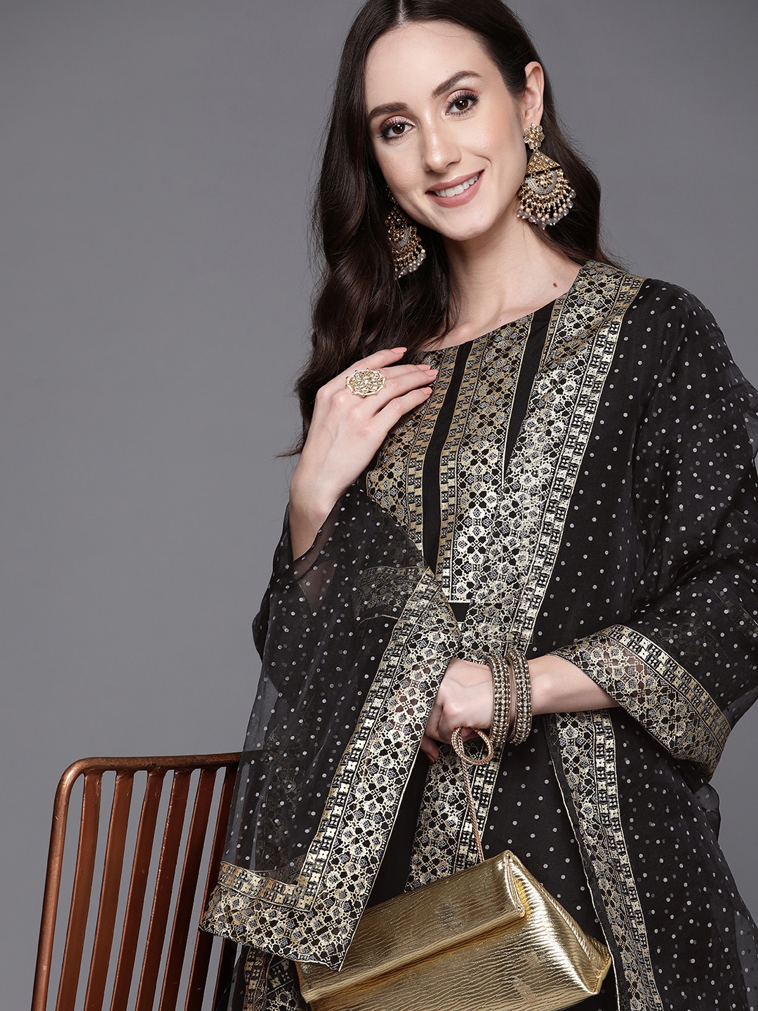 

Indo Era Women Black Floral Printed Liva Kurta with Palazzos & With Dupatta