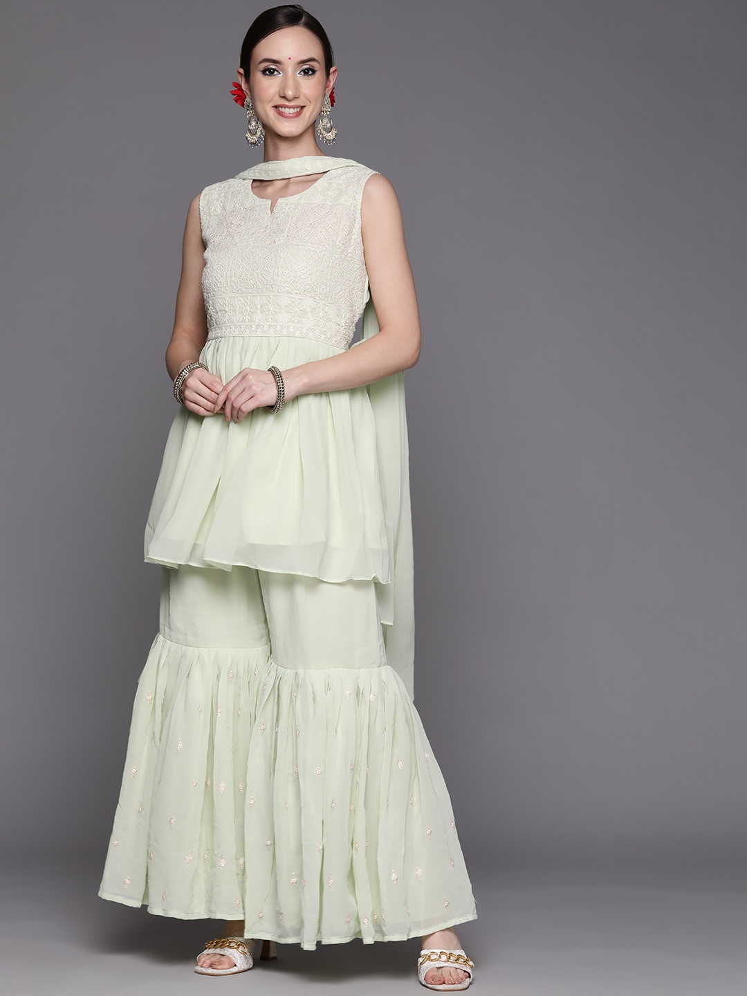 

Indo Era Women Green Thread Work Kurta with Sharara & With Dupatta