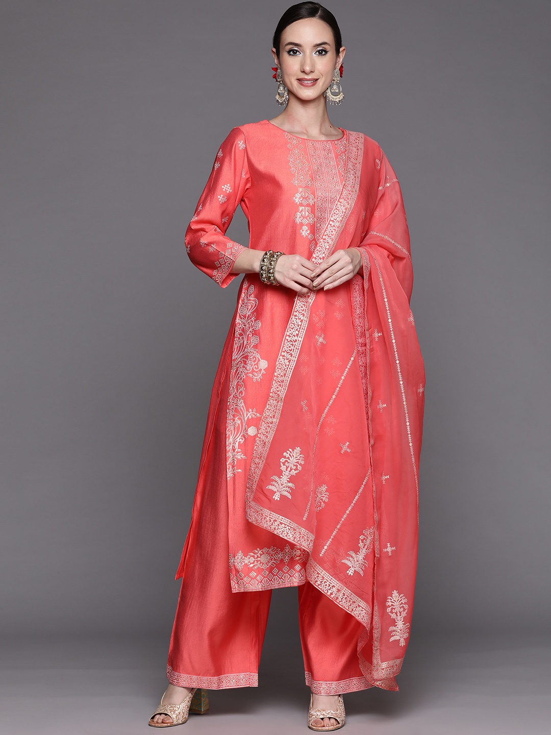 

Indo Era Women Pink Ethnic Motifs Printed Liva Kurta with Palazzos & With Dupatta