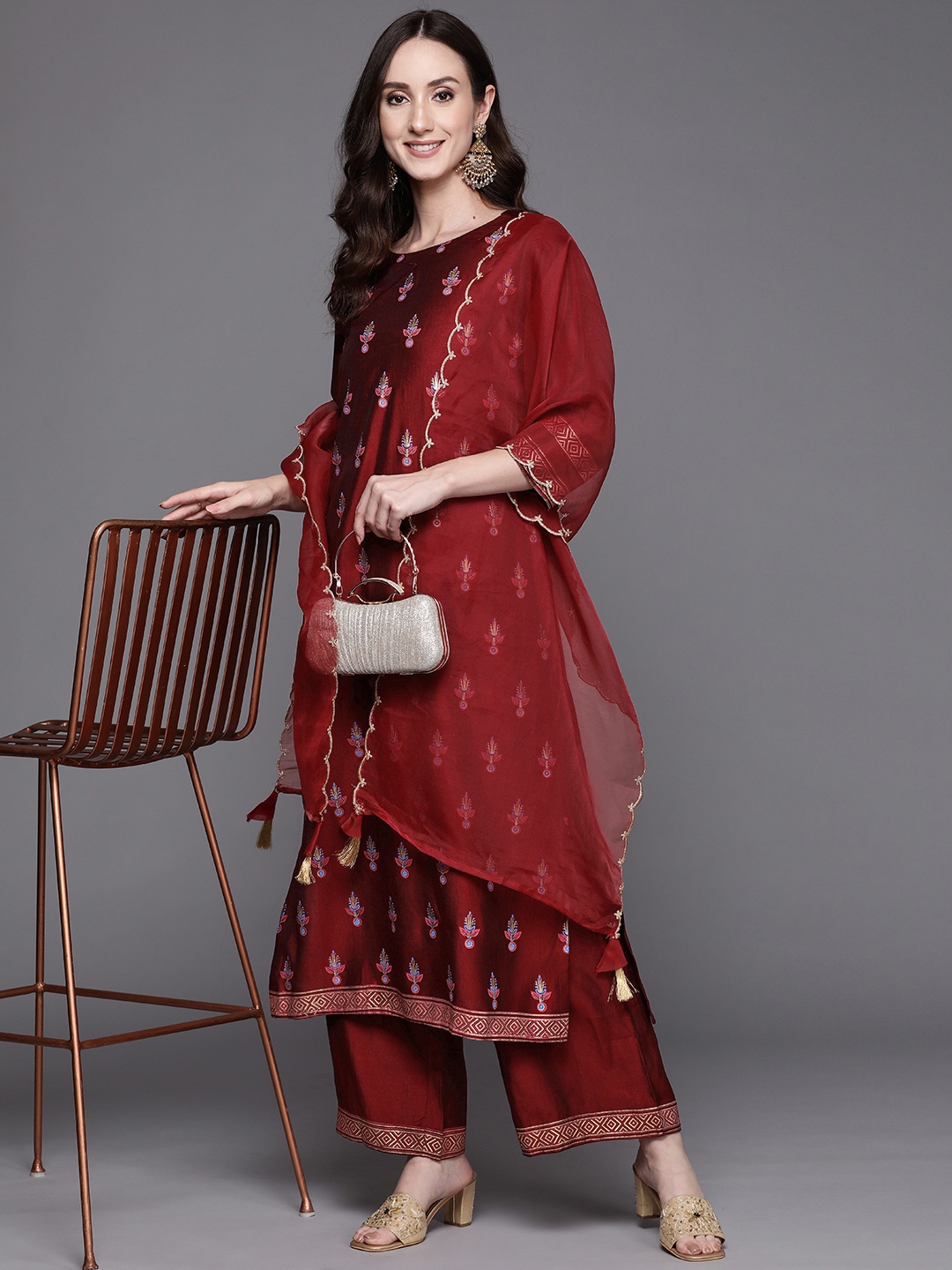 

Indo Era Women Maroon Ethnic Motifs Printed Liva Kurta with Palazzos & With Dupatta