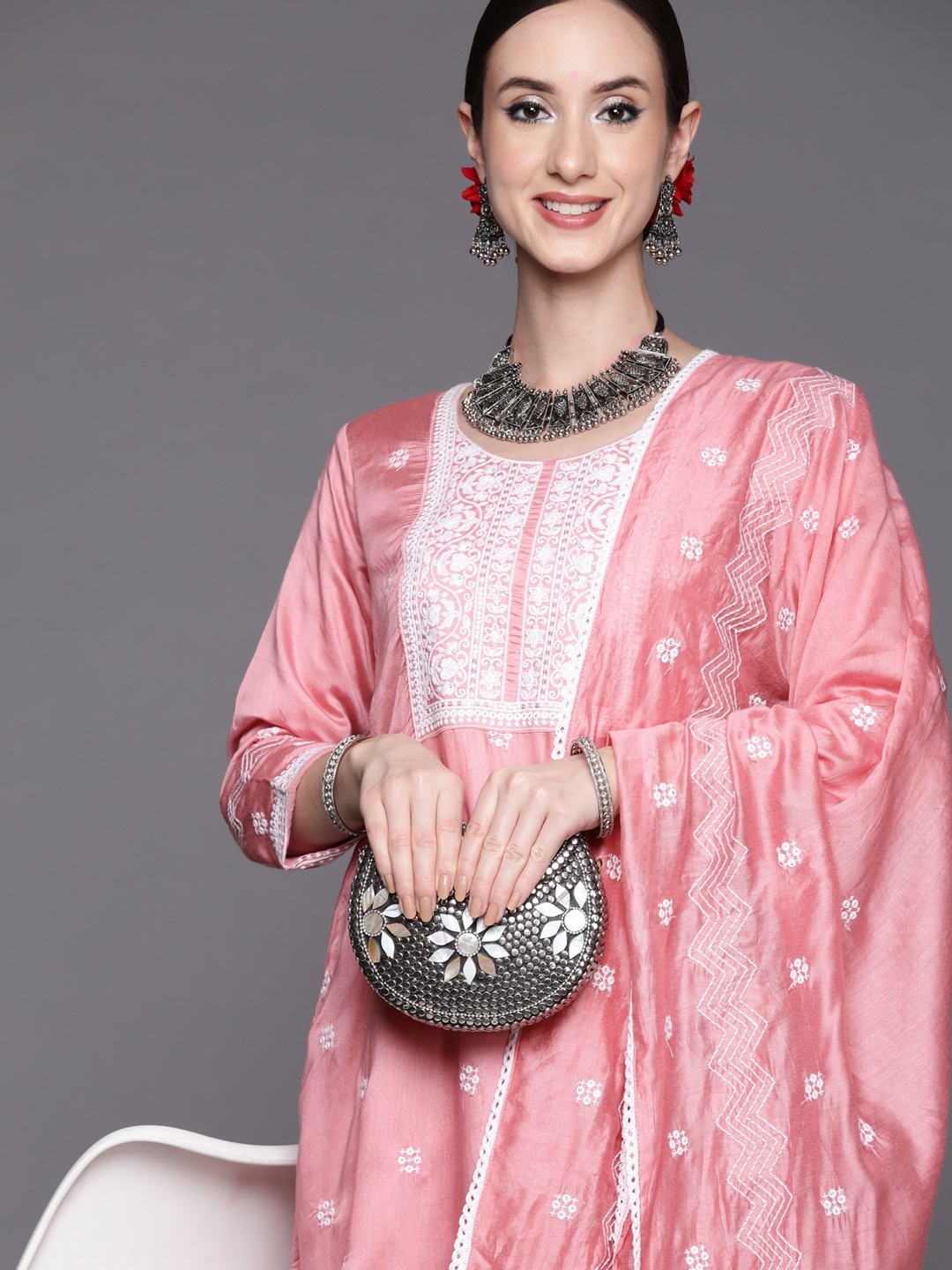 

Indo Era Women Pink Floral Embroidered Chanderi Silk Kurta with Trousers & With Dupatta