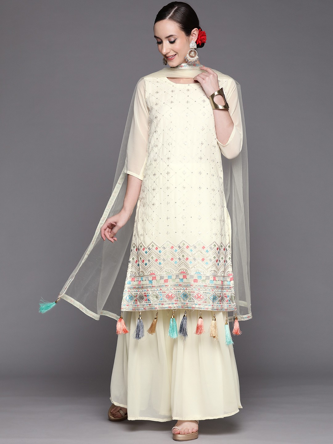

Indo Era Women Cream-Coloured Sequinned Kurta with Sharara & With Dupatta