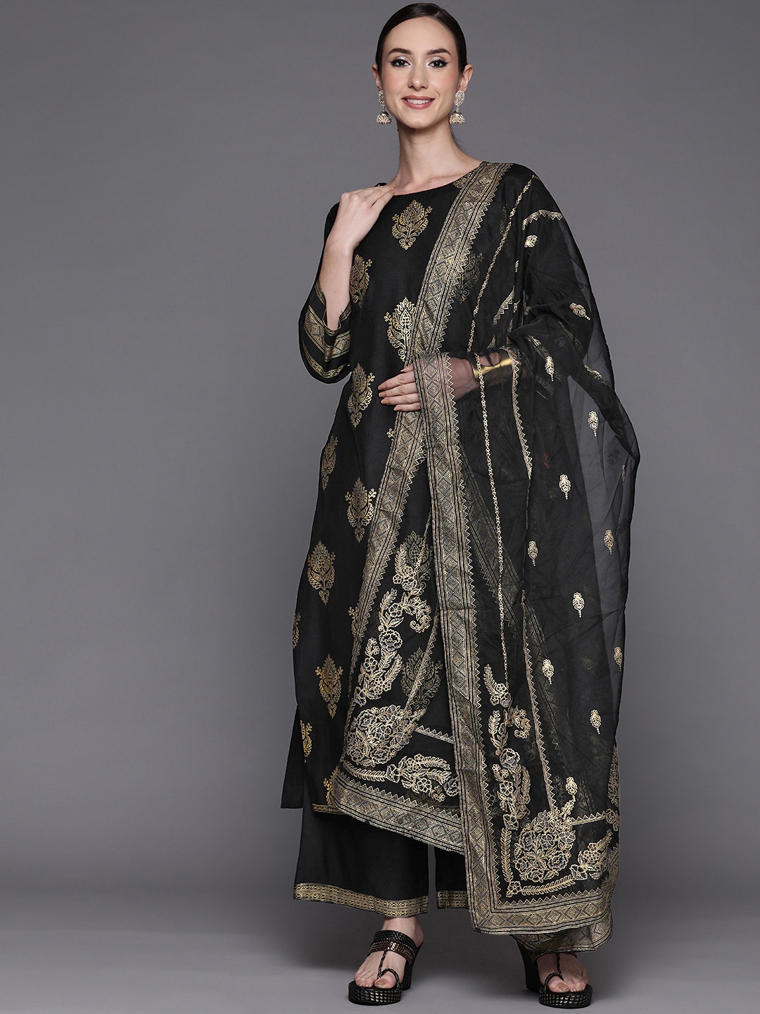 

Indo Era Women Black Ethnic Motifs Printed Liva Kurta with Trousers & With Dupatta
