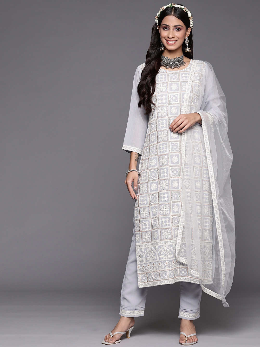 

Indo Era Women Grey Floral Embroidered Thread Work Kurta with Trousers & With Dupatta