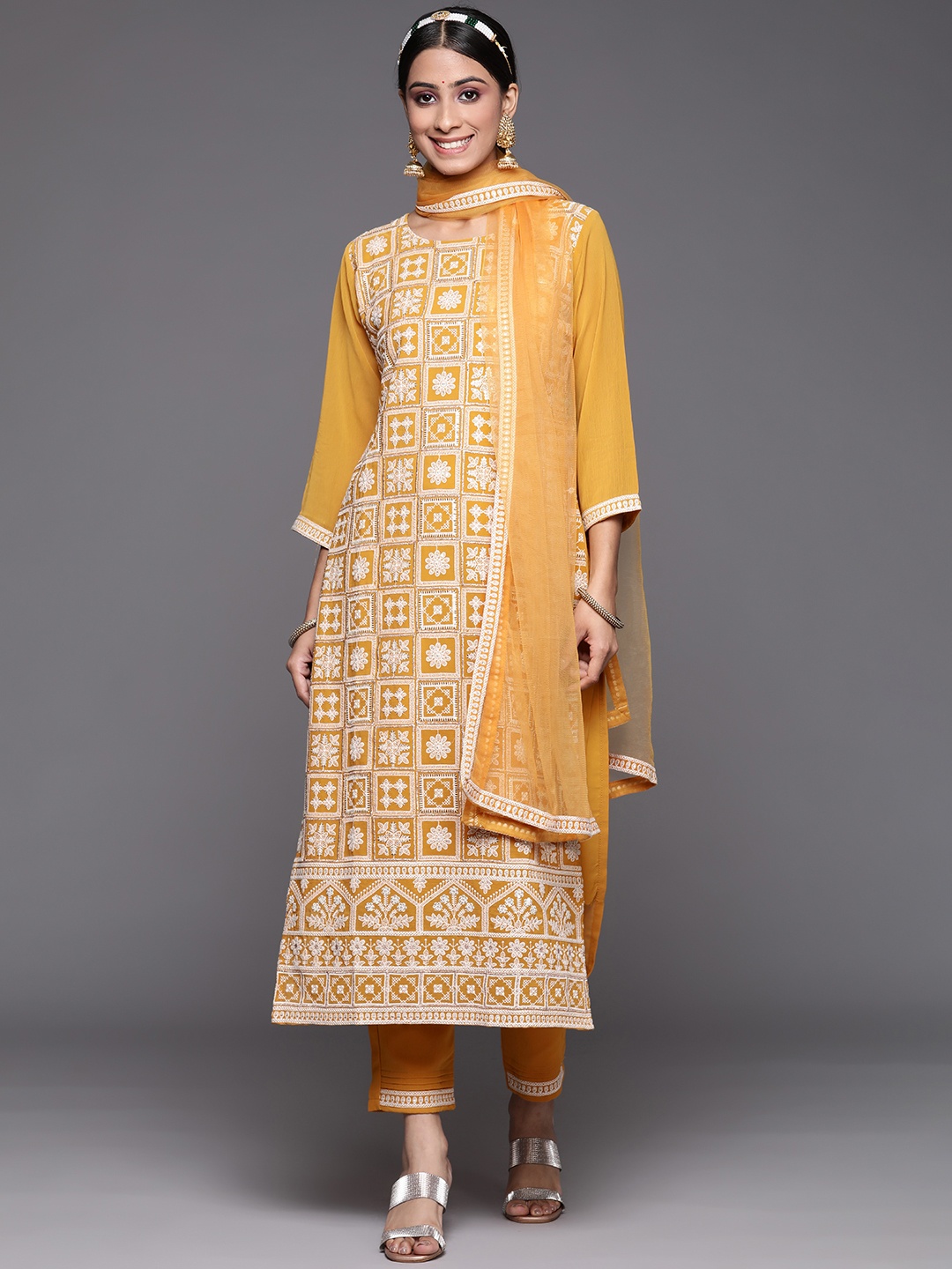 

Indo Era Ethnic Motifs Embroidered Thread Work Kurta with Trousers & With Dupatta, Mustard
