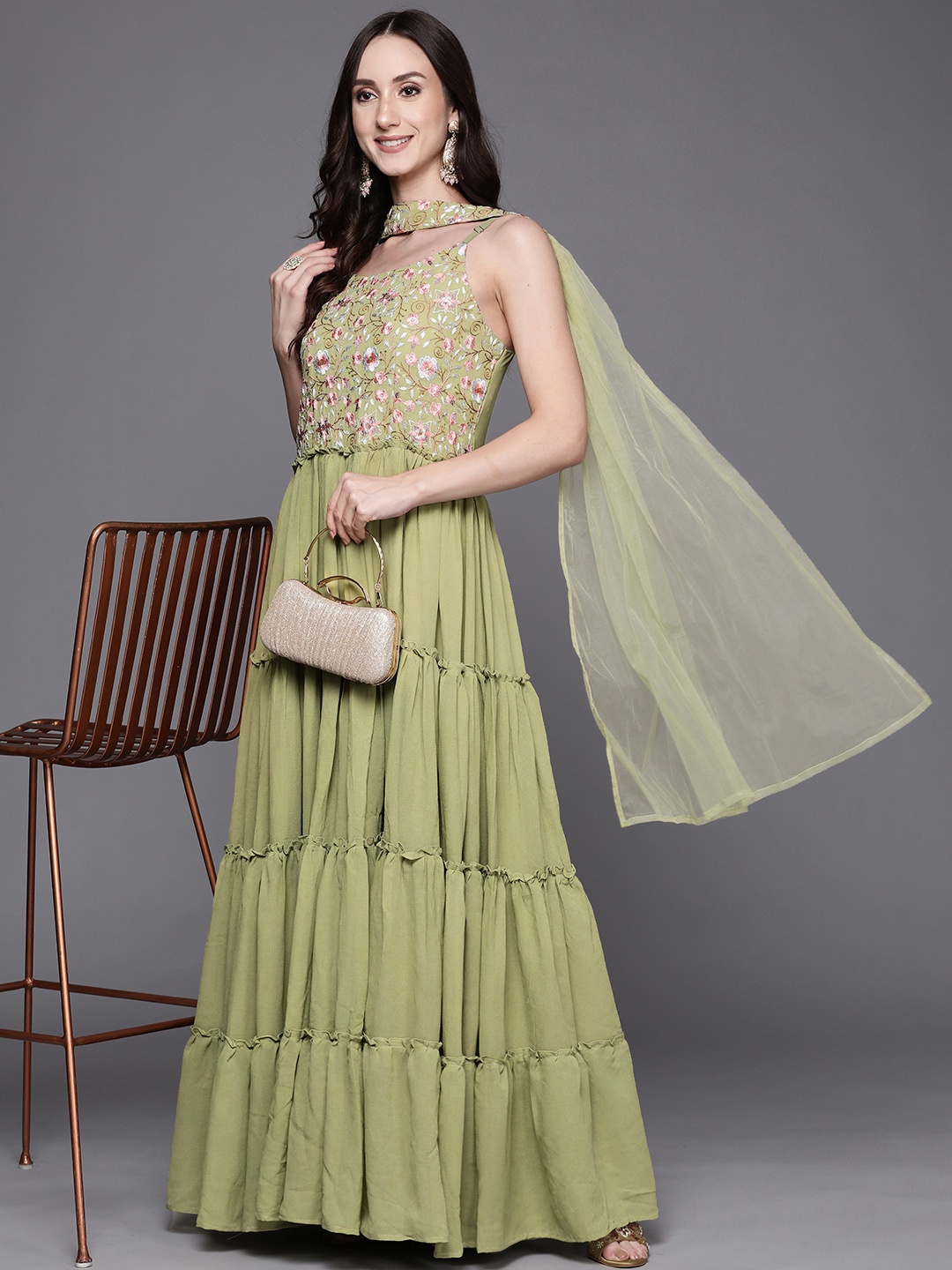 

Indo Era Green Floral Embroidered Georgette Ethnic A-Line Maxi Dress & Dupatta
