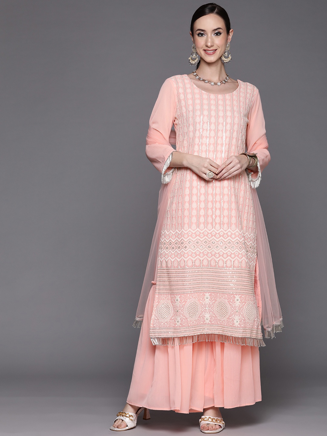 

Indo Era Women Pink Floral Embroidered Thread Work Kurta with Sharara & With Dupatta