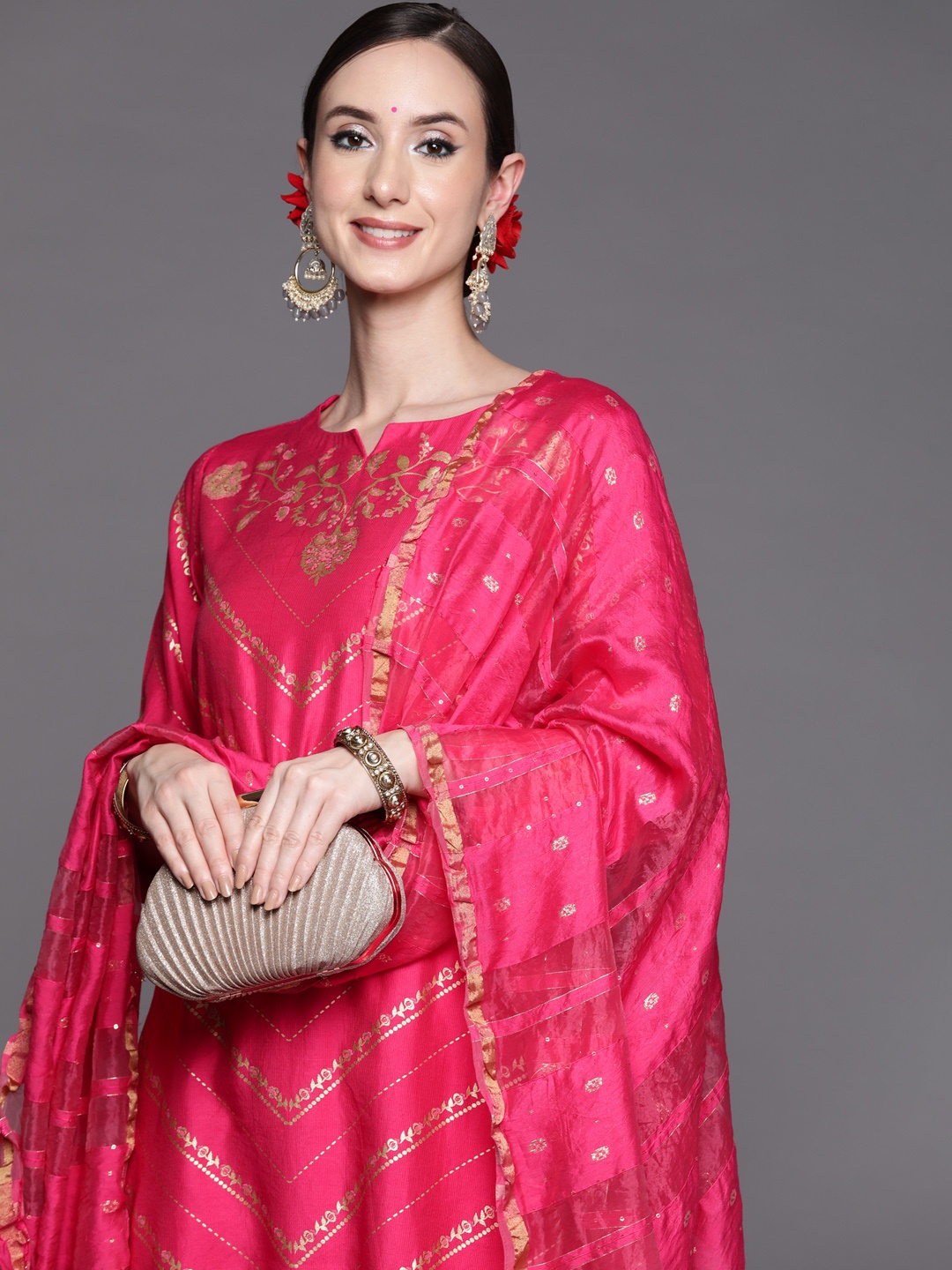 

Indo Era Women Pink Ethnic Motifs Printed Liva Kurta with Palazzos & Dupatta