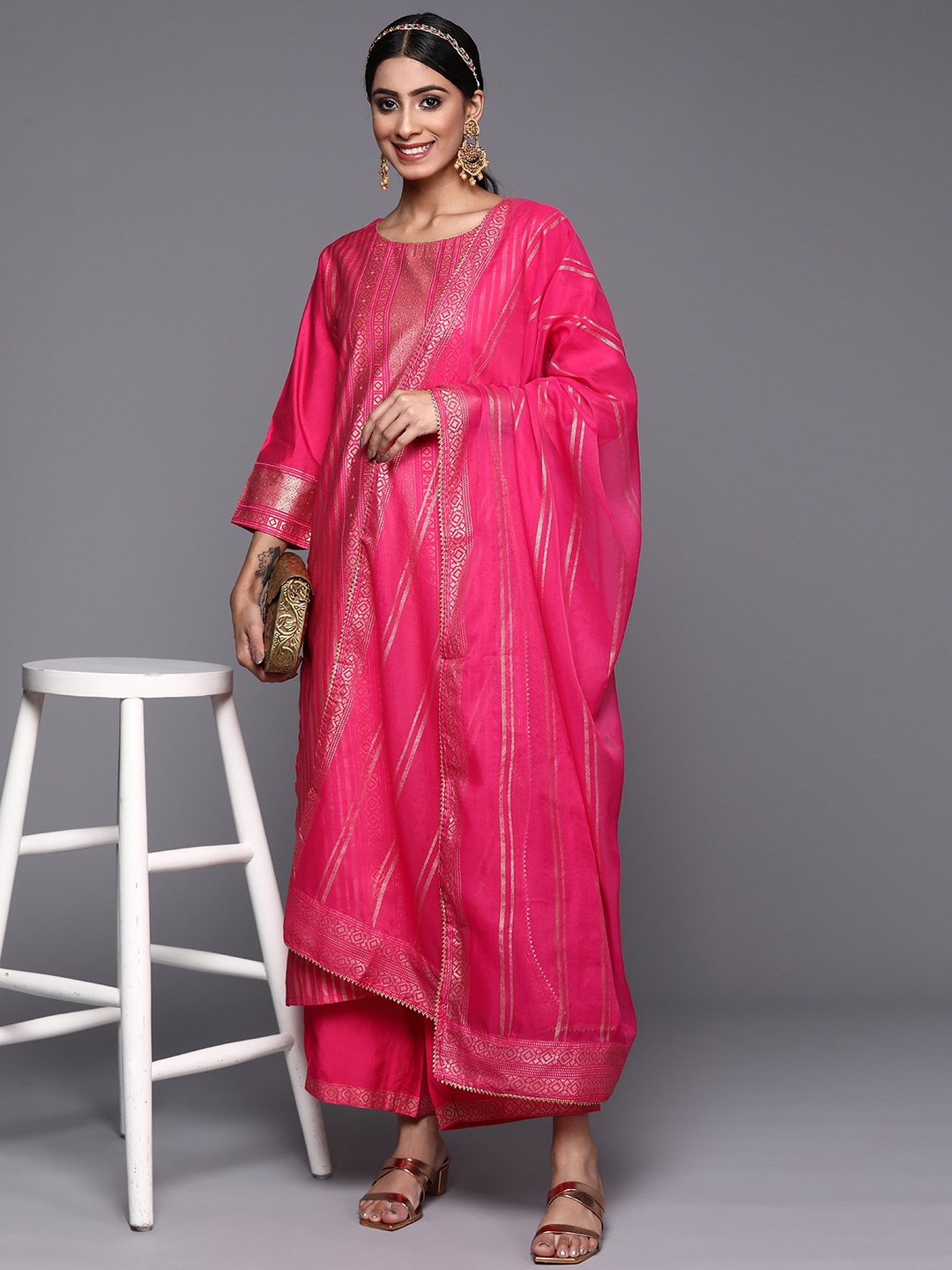 

Indo Era Women Fuchsia Printed Liva Kurta with Trousers & With Dupatta