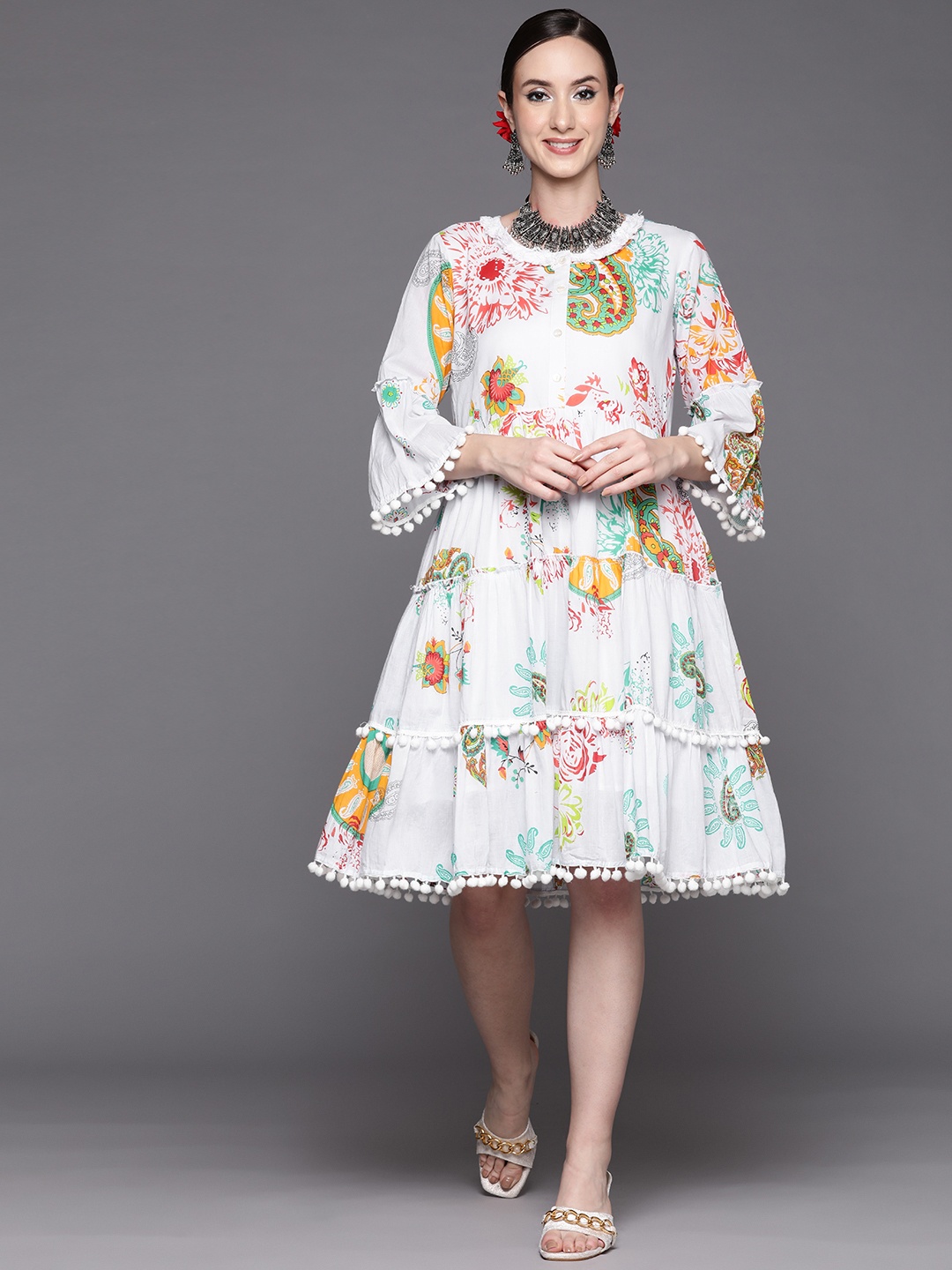 

Indo Era White & Red Ethnic Motifs A-Line Dress