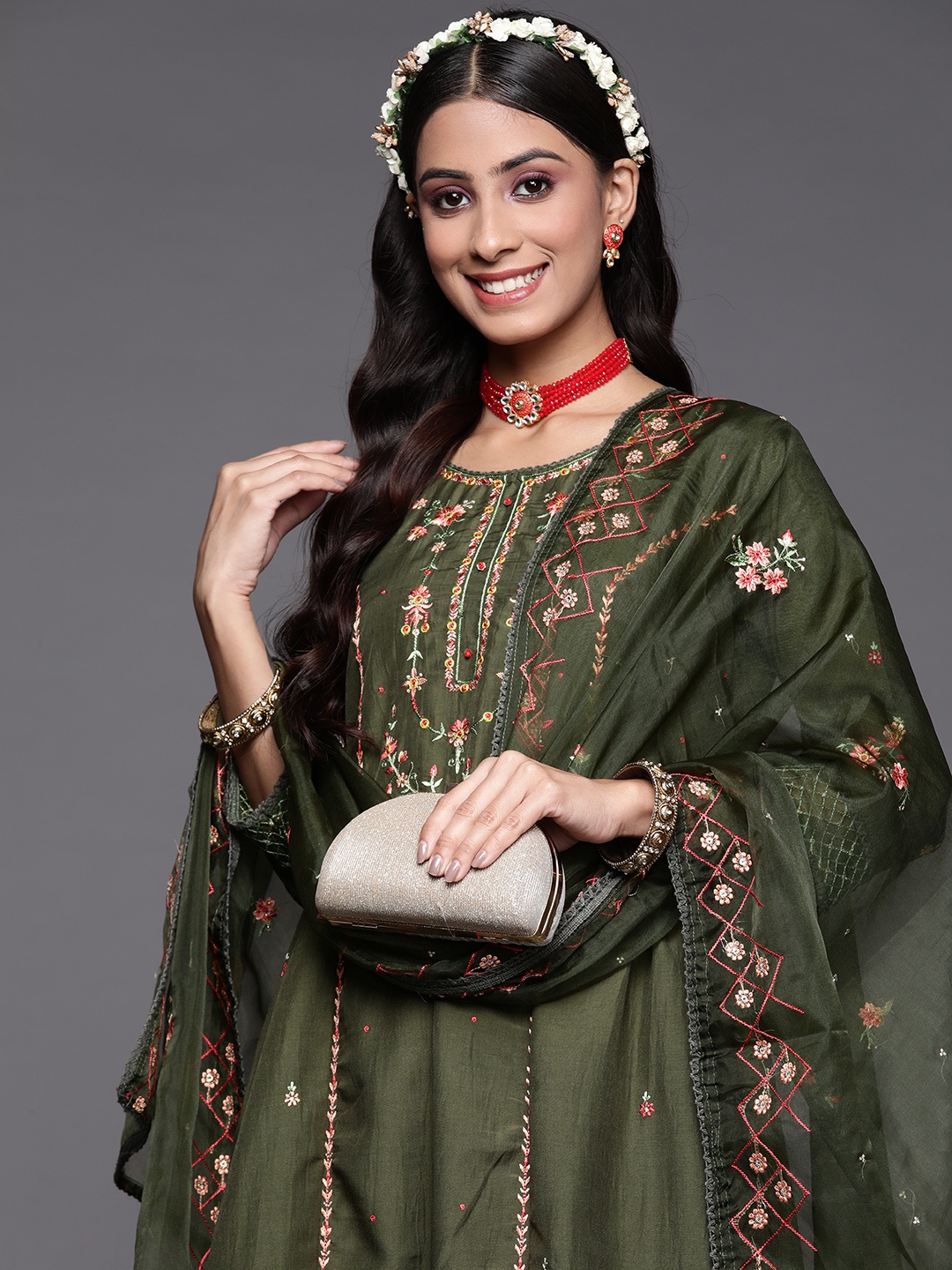 

Indo Era Women Green Ethnic Motifs Printed Liva Kurta with Palazzos & With Dupatta