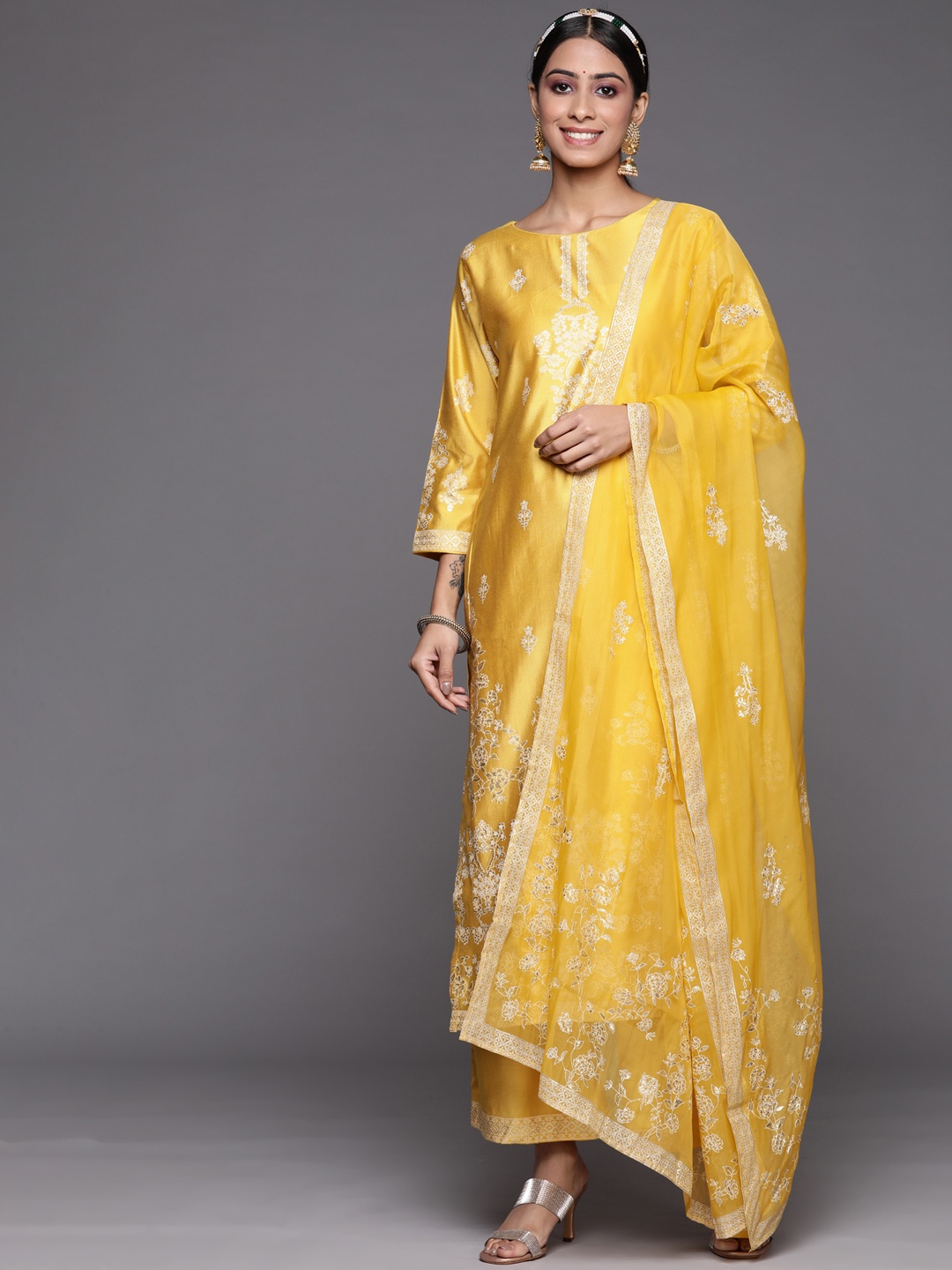 

Indo Era Women Yellow Ethnic Motifs Printed Liva Kurta with Trousers & Dupatta