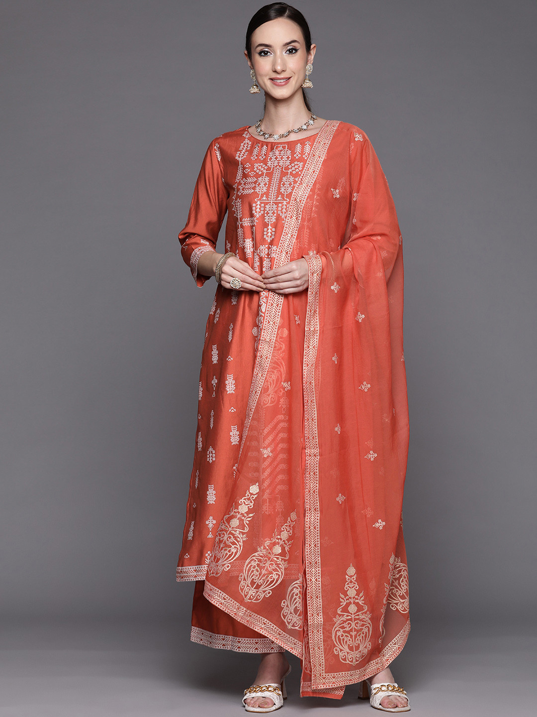 

Indo Era Women Orange Ethnic Motifs Printed Liva Kurta with Palazzos & With Dupatta