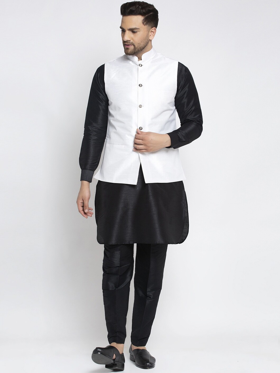 

Kaifoo Men Black Solid Kurta Set with Nehru Jacket