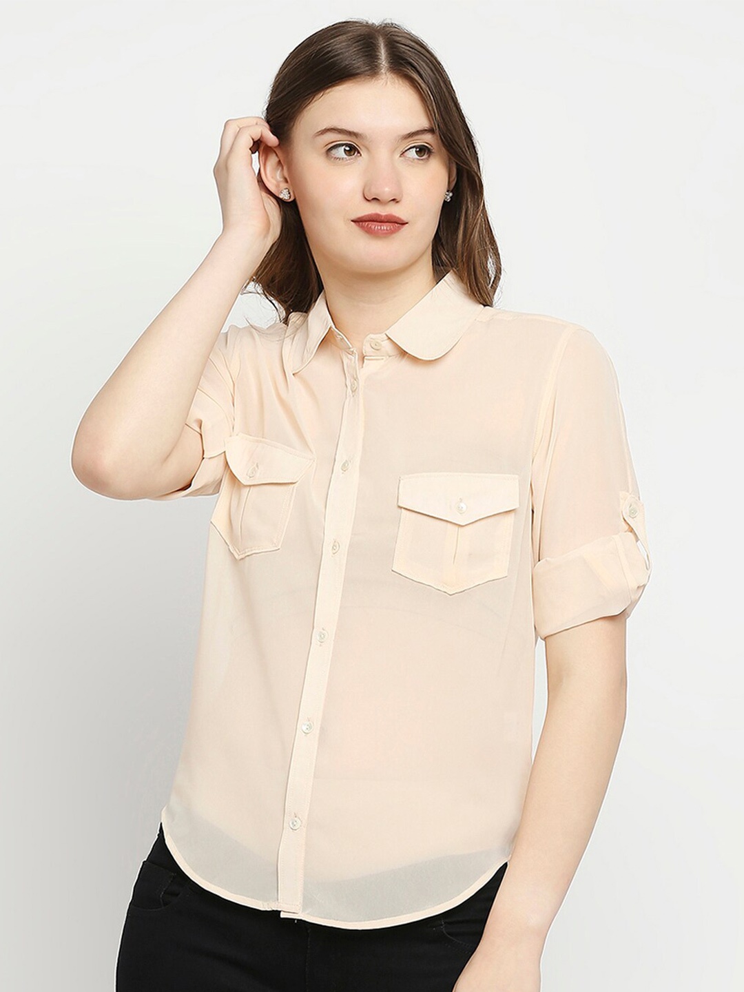 

aaliya Peach-Coloured Roll-Up Sleeves Georgette Shirt Style Top