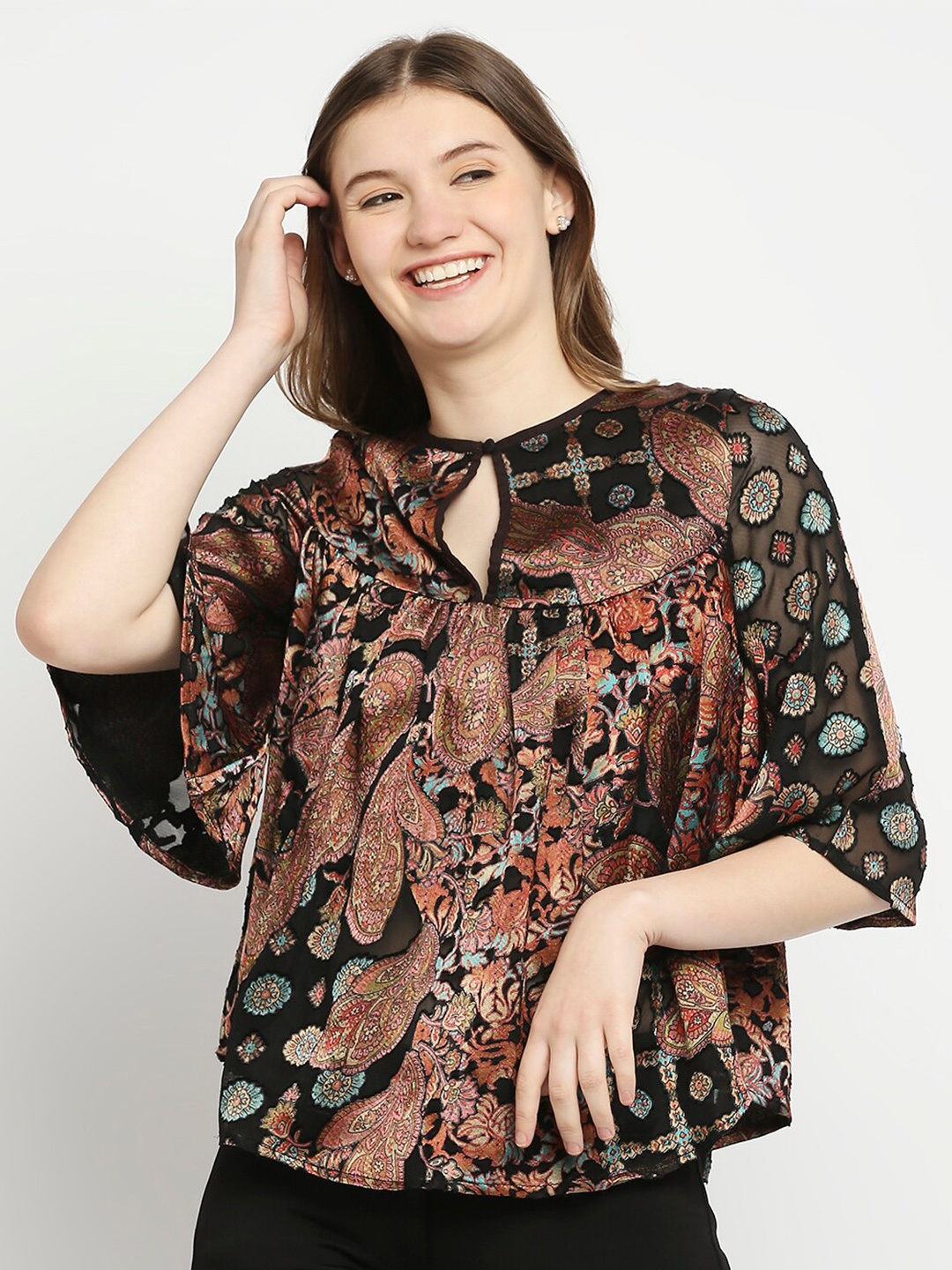 

aaliya Black & Maroon Paisley Print Keyhole Neck Georgette Top