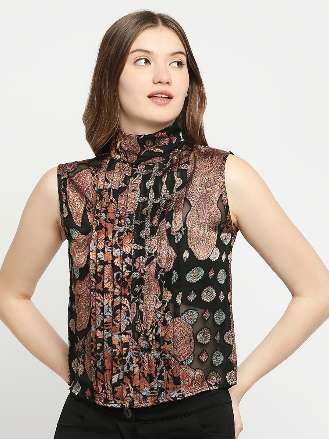 

aaliya Black & Multicoloured Floral Print Accordion Pleats Georgette Top