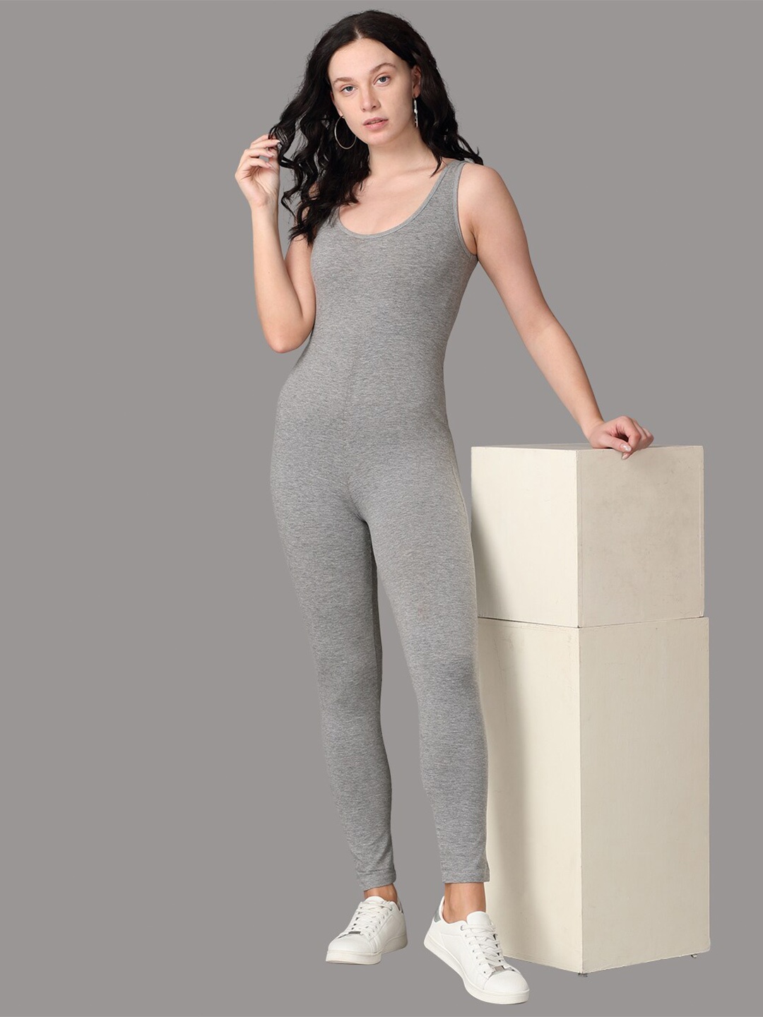 

Oh So Fly Grey Solid Cotton Bodycon Basic Jumpsuit