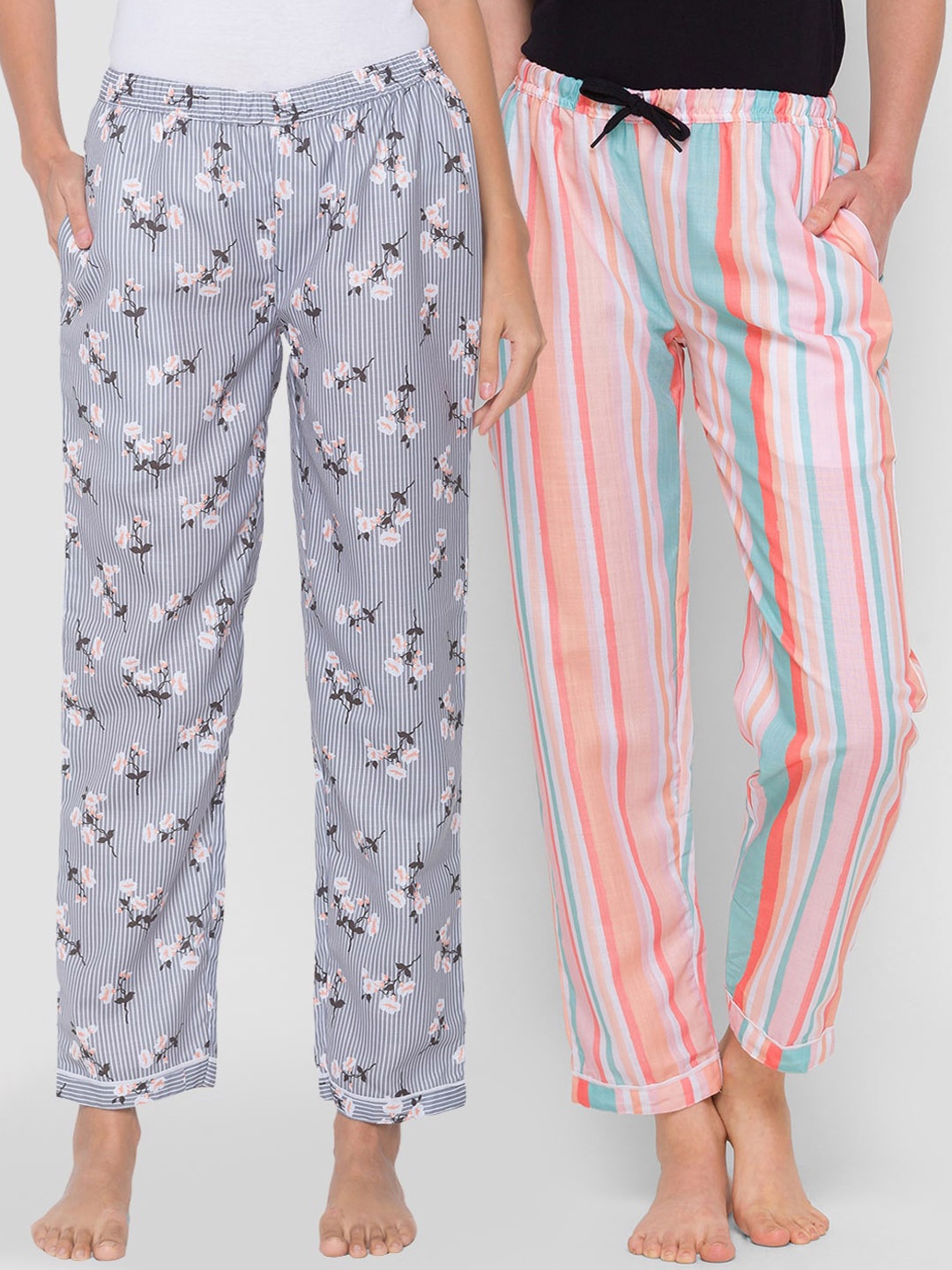 

FashionRack Women Grey and Pack Of 2 Printed Cotton Lounge Pants