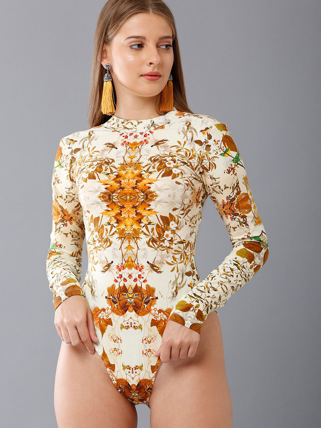 

Oh So Fly Women Off -White & Yellow Printed Cotton Bodysuit