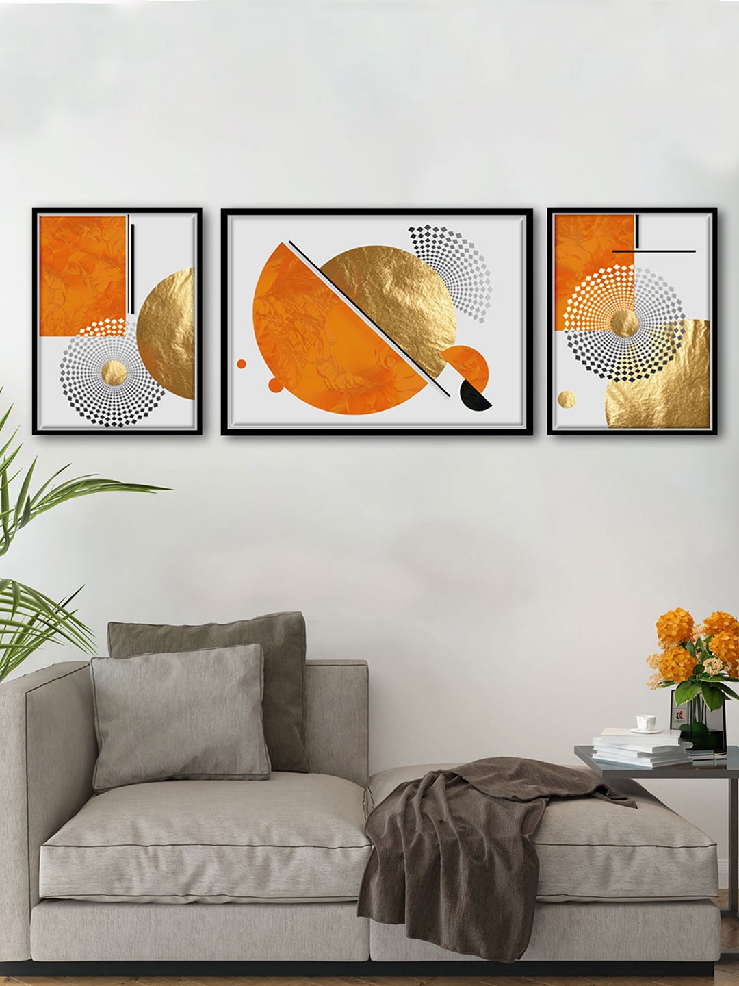 

Art Street Set Of 3 White & Orange-Coloured Abstract Painted Wall Art