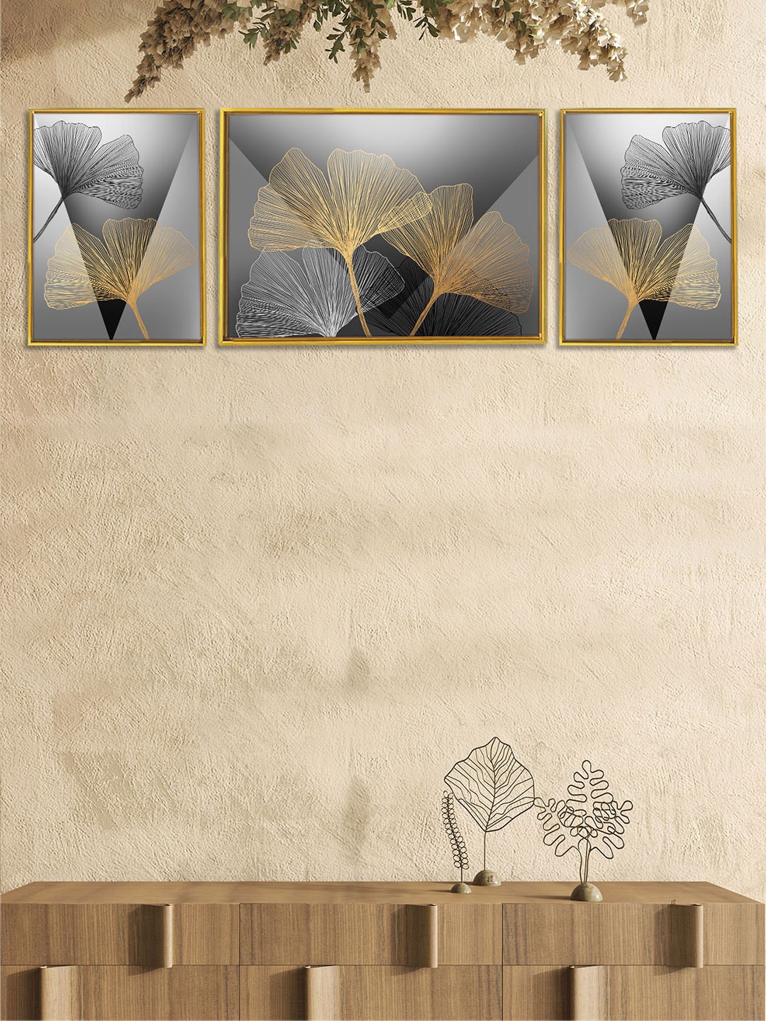 

Art Street Set of 3 Gingko Leaves Wall Paintings, Multi