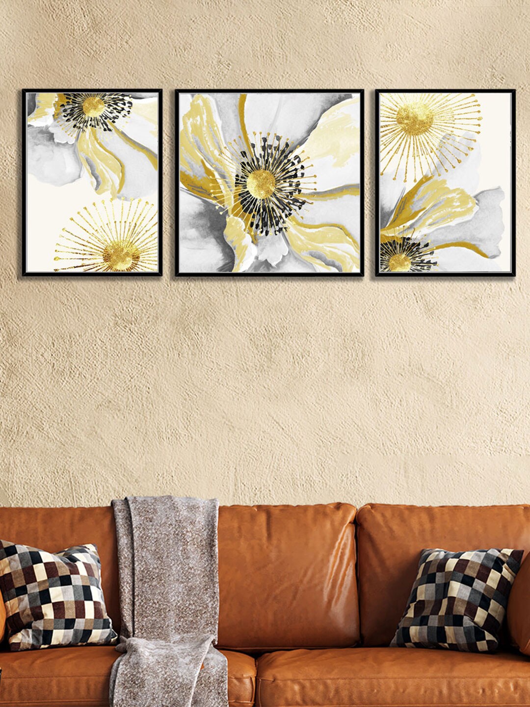 

Art Street Set of 3 Golden & White Cotton Flower Canvas Art Print Painting, Gold
