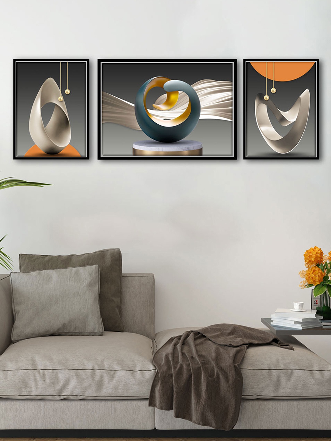Art Street l Set of 3 Toroide Minimal Canvas Wall Painting, Multi