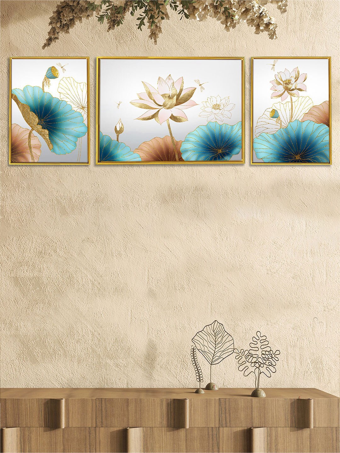 

Art Street Set Of 3 Multicoloured Blooming Lotus Canvas Paintings, Multi