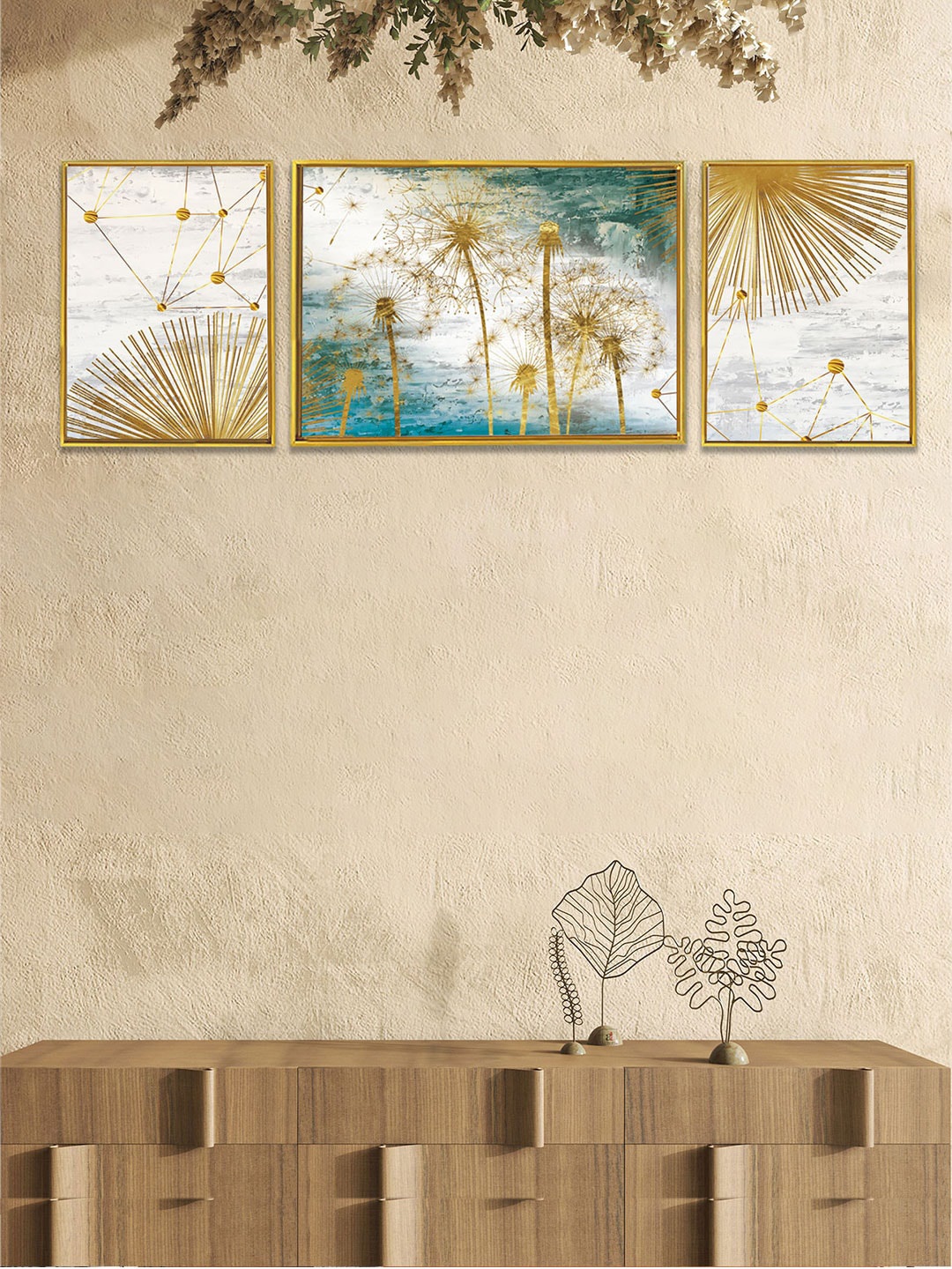

Art Street Set of 3 Golden Dandelions Canvas Wall Painting, Multi
