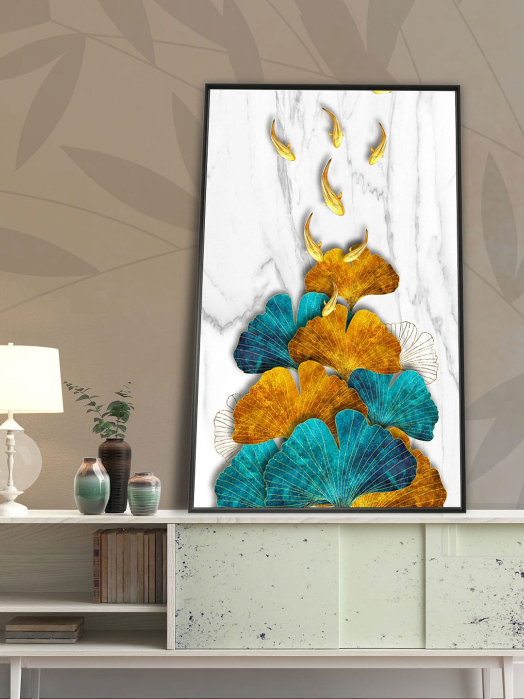 Art Street Multicoloured Gingko Leaves & Fish Framed Canvas Painting, Multi