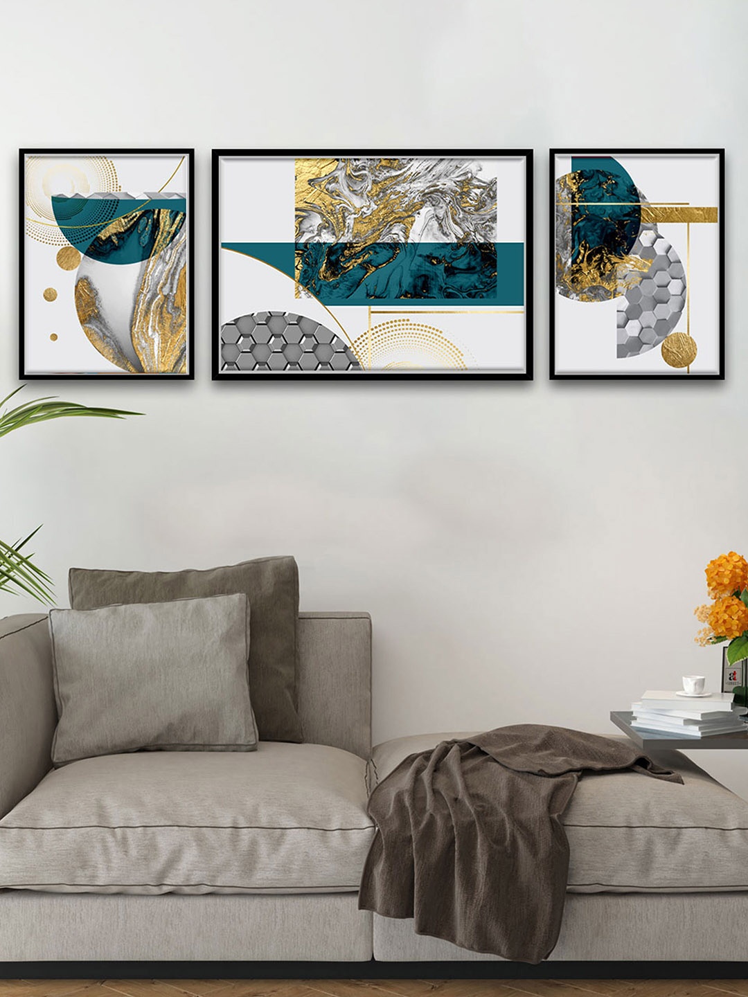 Art Street Set of 3 Blue & Gold Abstract Canvas Painting, Multi