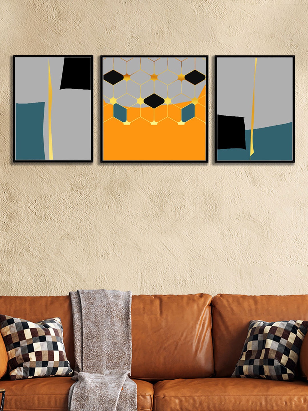

Art Street Set Of 3 Multicoloured Honeycomb Boho Canvas Paintings, Multi